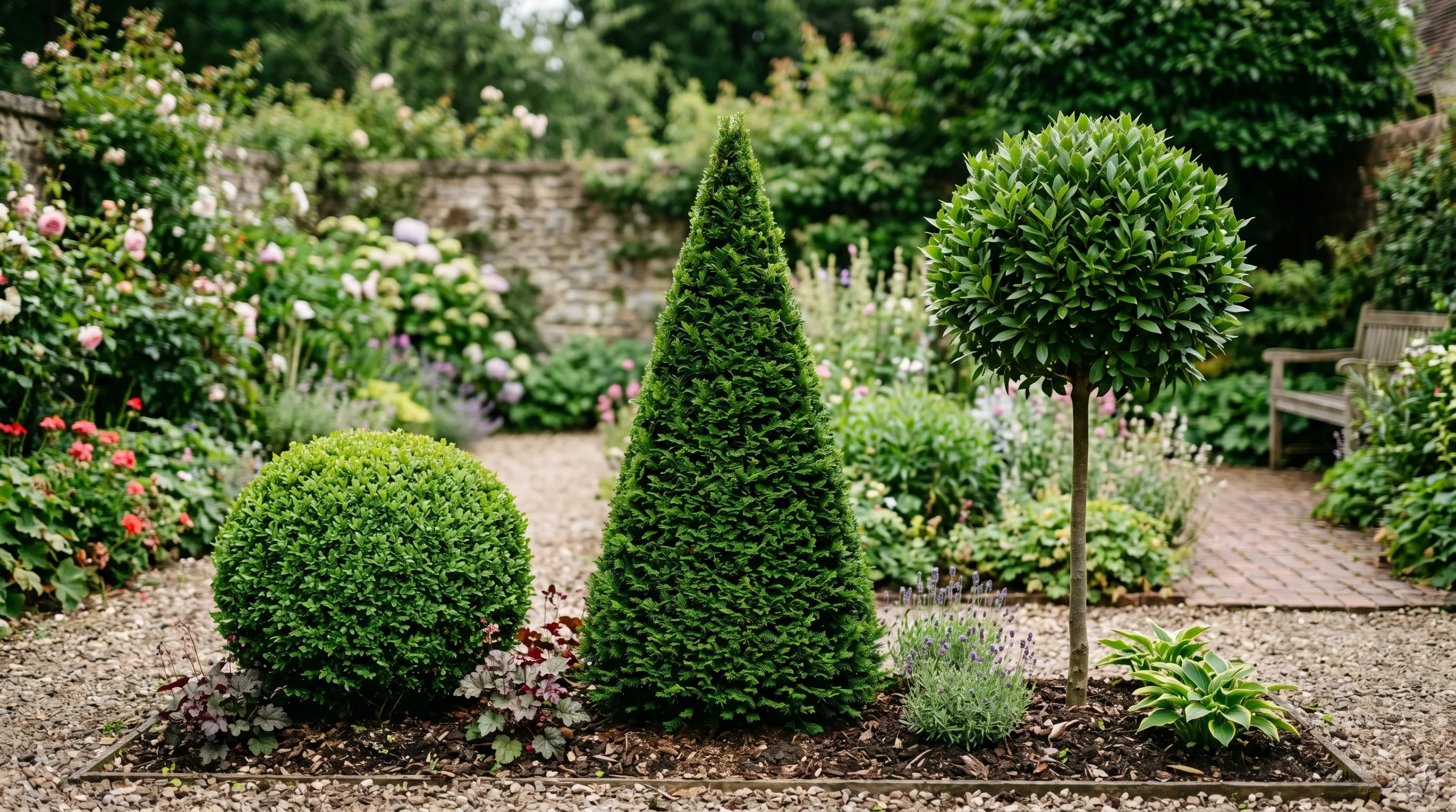 A UK garden showing a row of three topiary shapes - a box ball, a yew cone, and a bay lollipop - all freshly trimmed with crisp lines