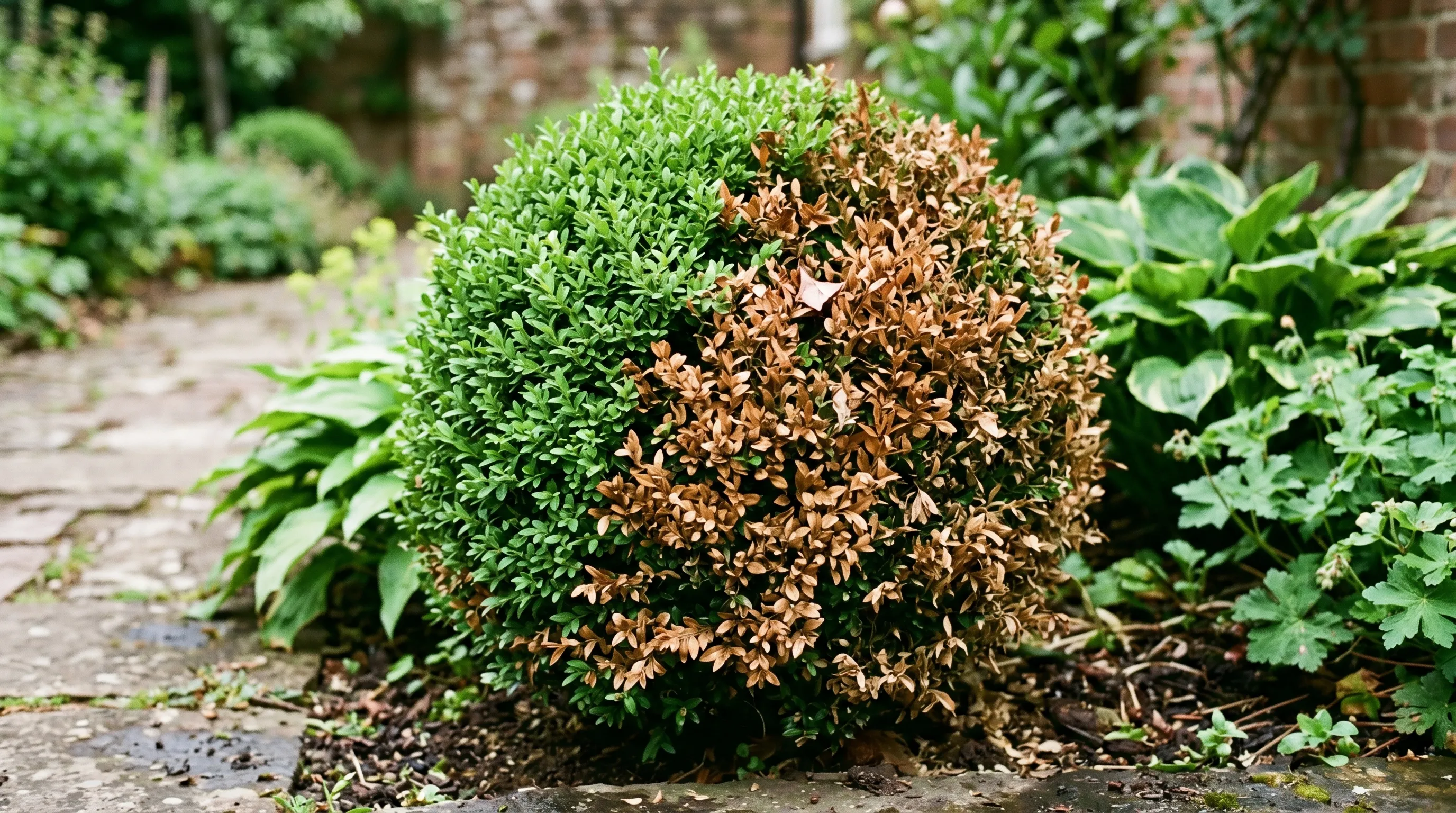 A close-up of a UK box ball showing brown scorch patches on one side from full-sun trimming, with the unscorched shaded side showing healthy green foliage