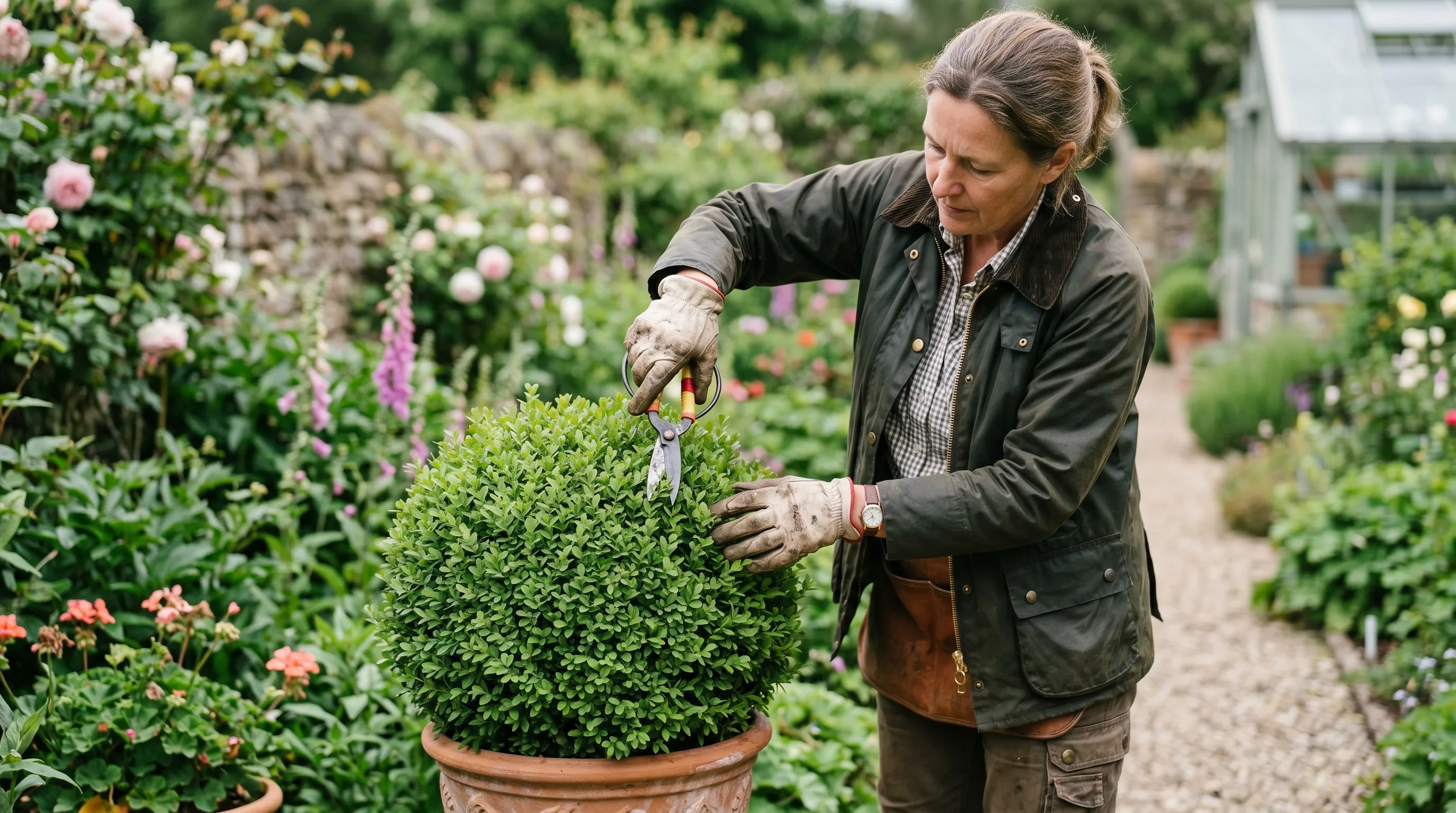A UK gardener using single-handed Japanese-style topiary shears to trim a box ball in late May, with the shears held in one hand and the other steadying the shape