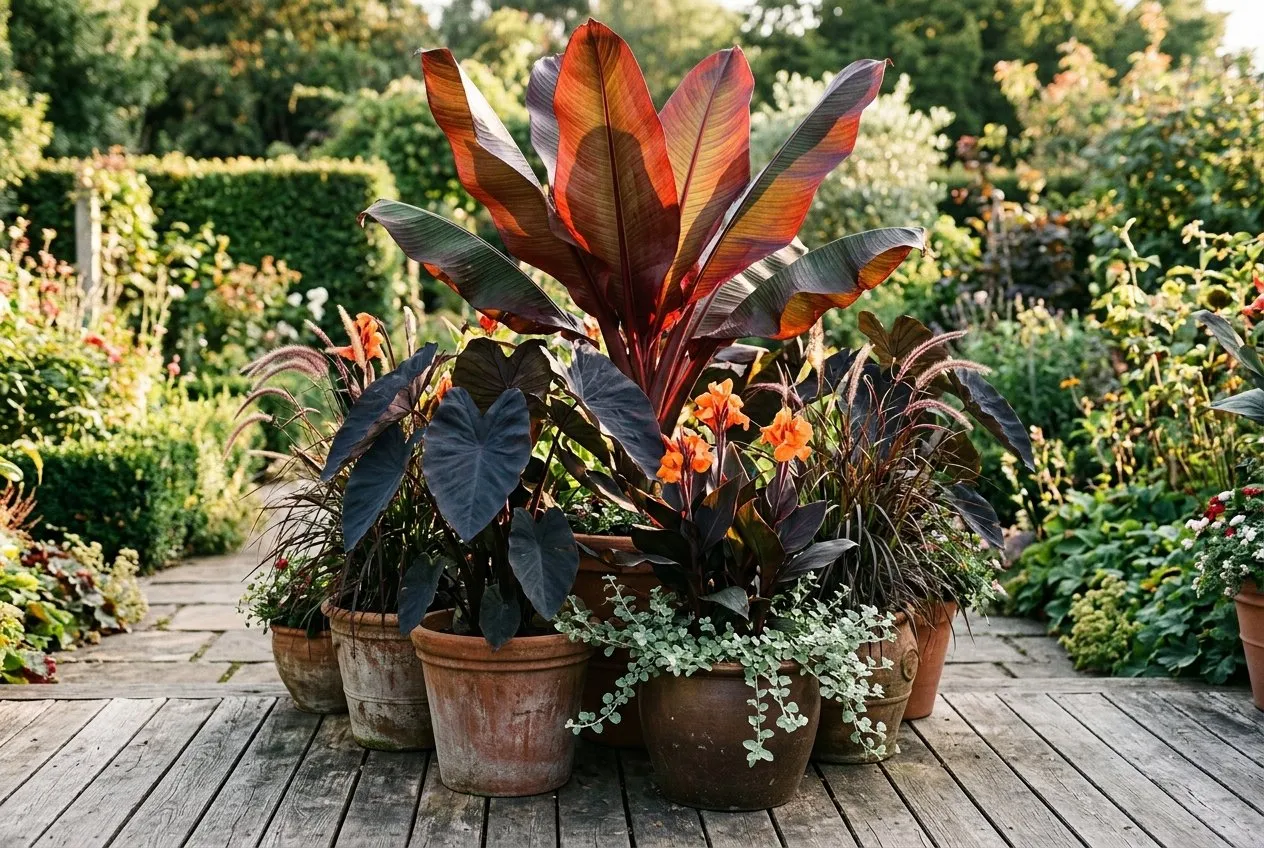 A grouping of large pots planted with a towering red ensete banana, black-leaved colocasia and orange cannas on a timber deck