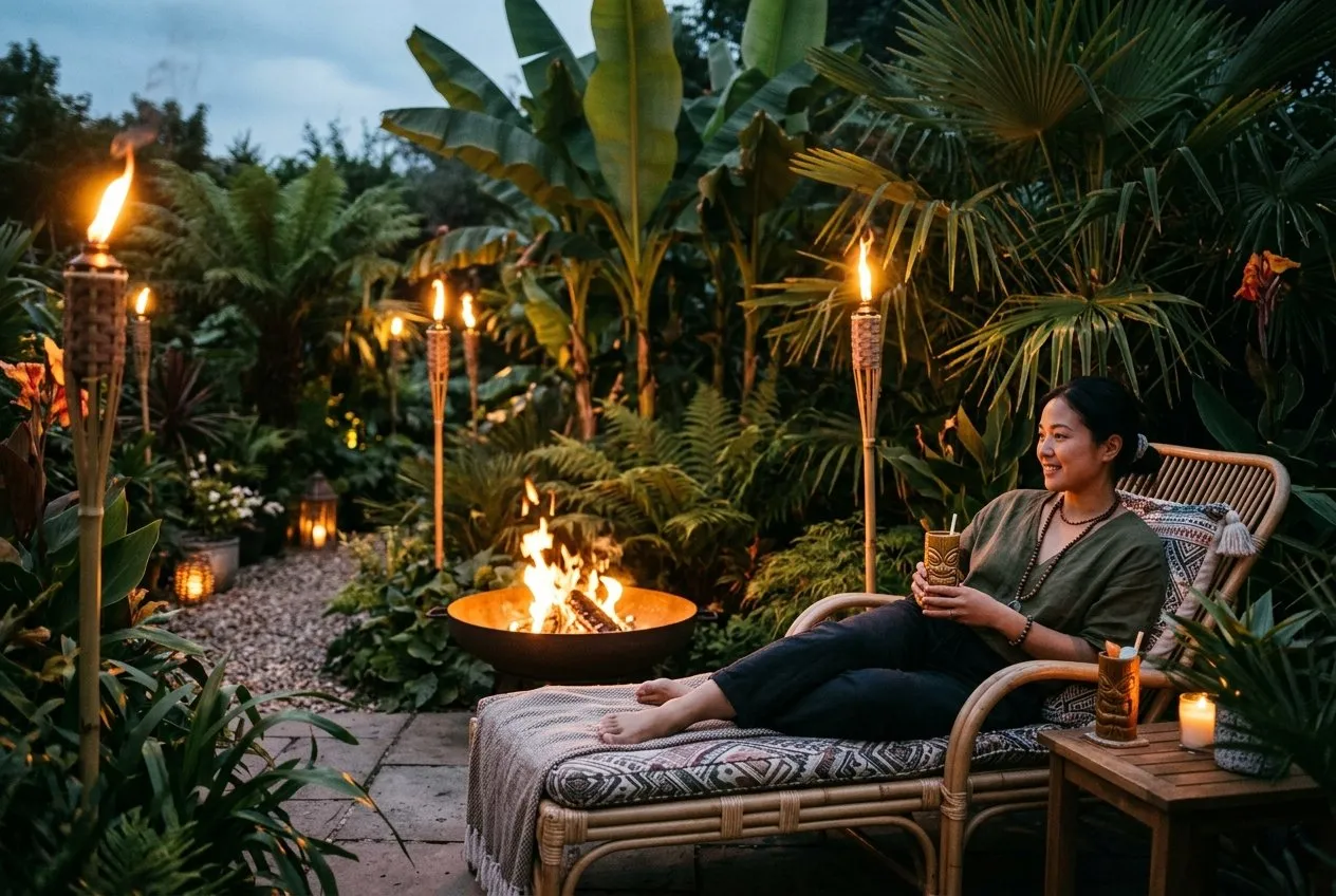 A UK tiki garden lit at dusk with flaming torches and a fire bowl, a person relaxing on a rattan lounger among bananas and palms