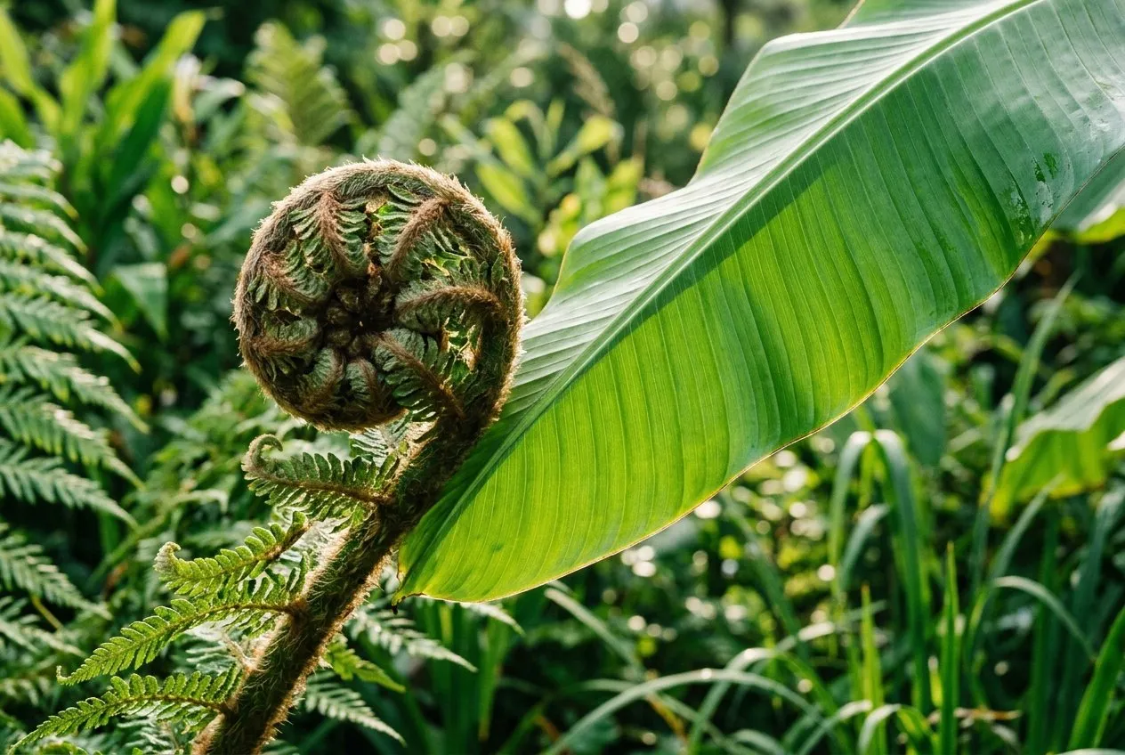 A close view of a huge unfurling tree fern frond and a glossy banana leaf overlapping in a dense UK exotic border