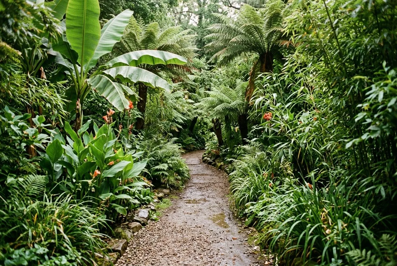 A lush tropical-style UK garden with hardy bananas, tree ferns, a windmill palm and red cannas crowding a winding gravel path