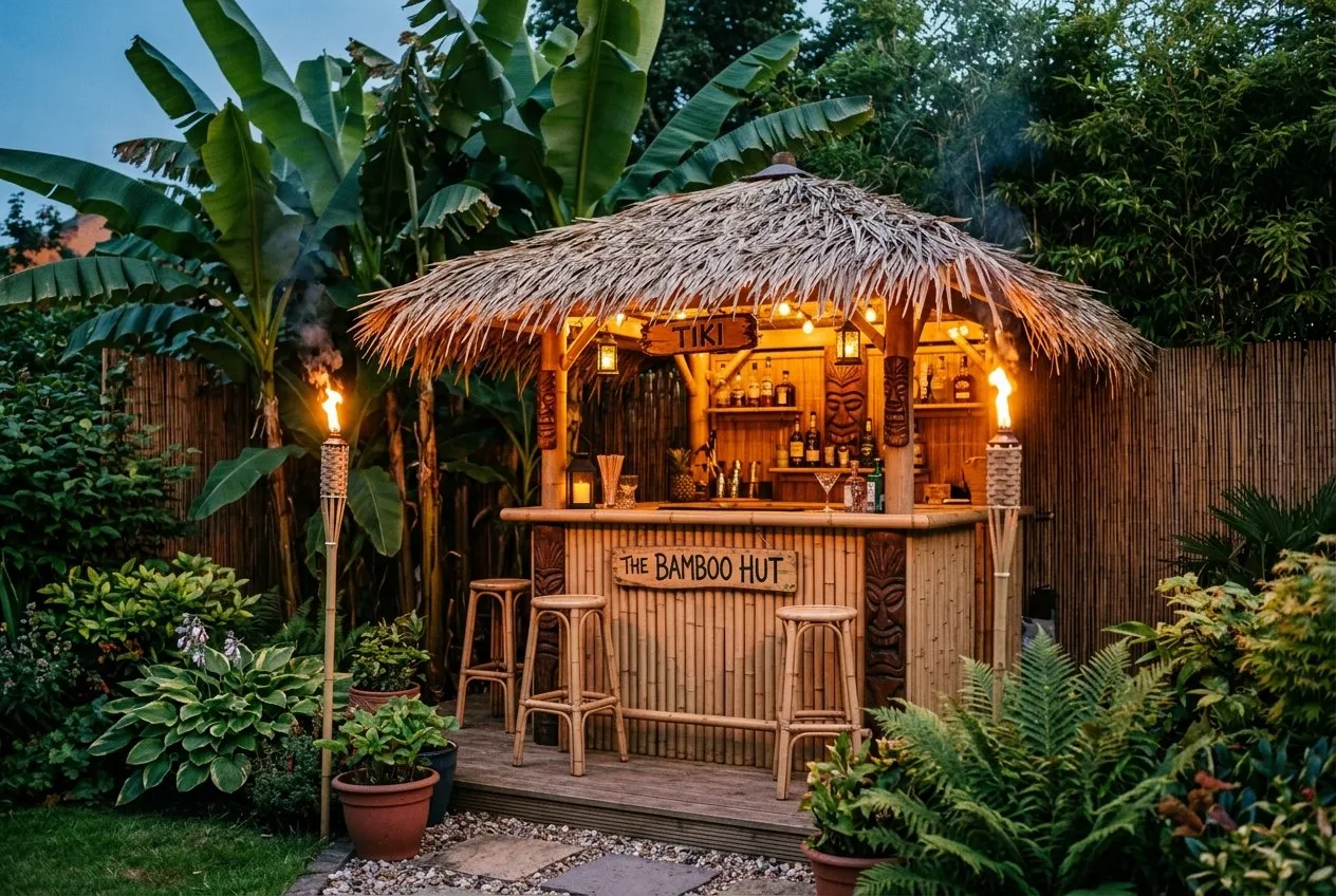 A bamboo-fronted tiki bar with a thatched roof and lit garden torches set against tall bananas and bamboo in a UK garden at dusk