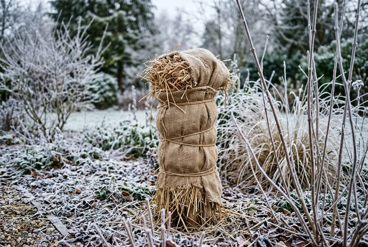 A hardy banana cut back and wrapped in straw and hessian for winter protection in a UK exotic garden, frost on the ground