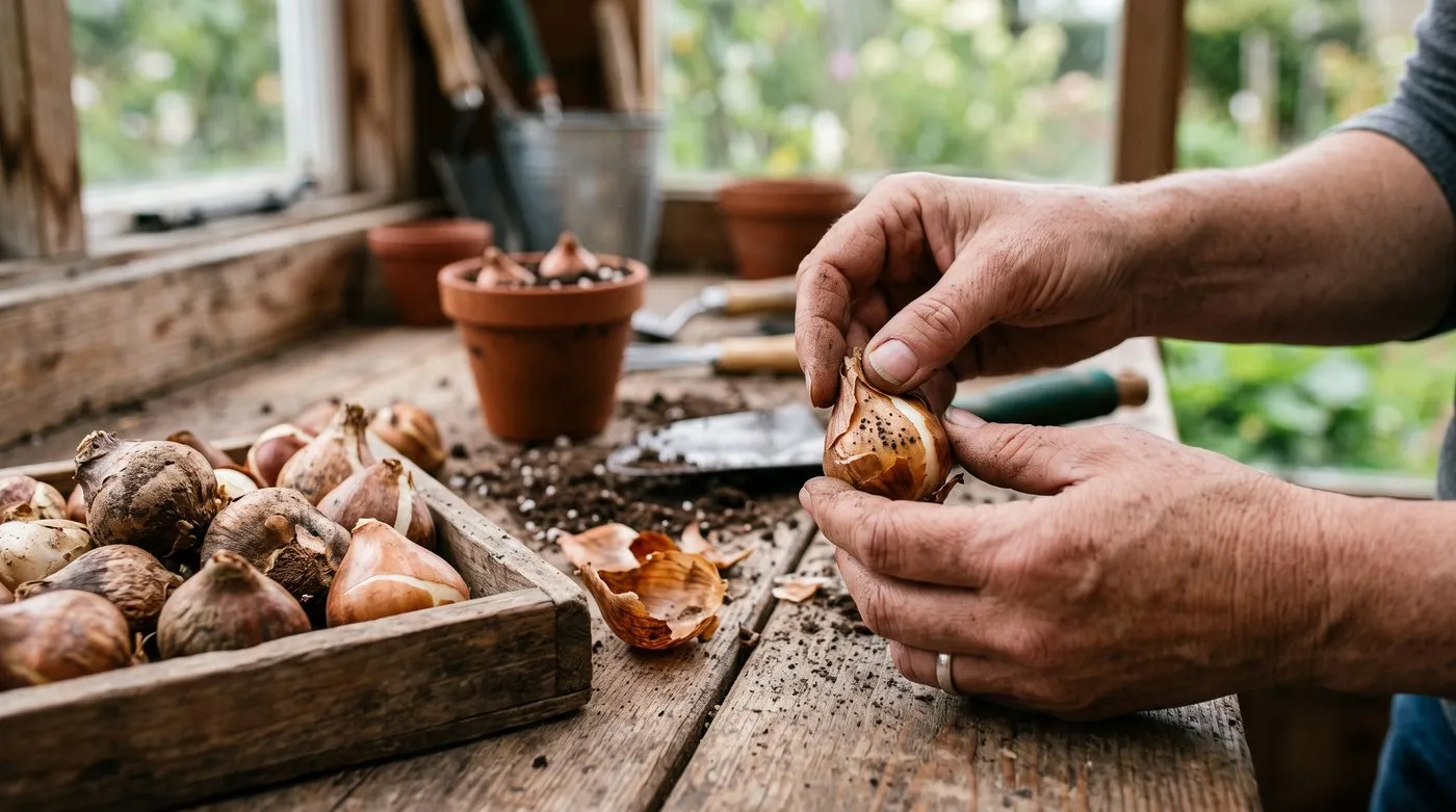 Hands inspecting tulip bulbs on a bench, checking the skins for small black sclerotia before planting