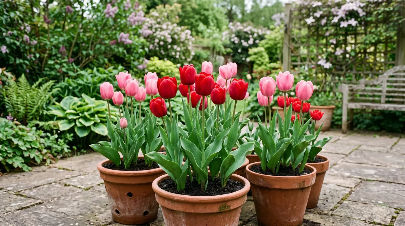 Tulips flowering healthily in terracotta pots of fresh compost on a UK patio, clean unblemished foliage