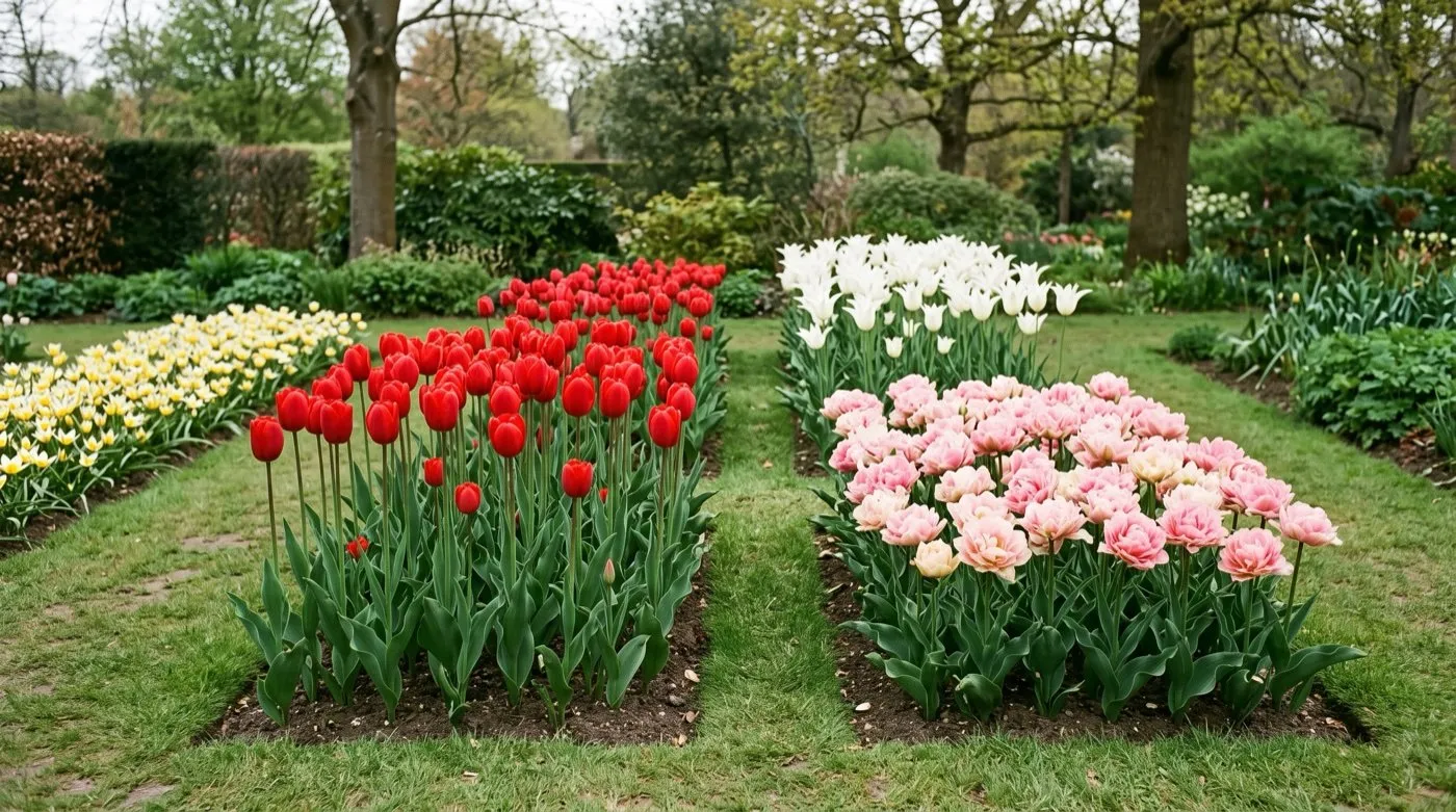 Tulip types from several divisions flowering together in a Staffordshire trial bed, showing differences in height and flower shape