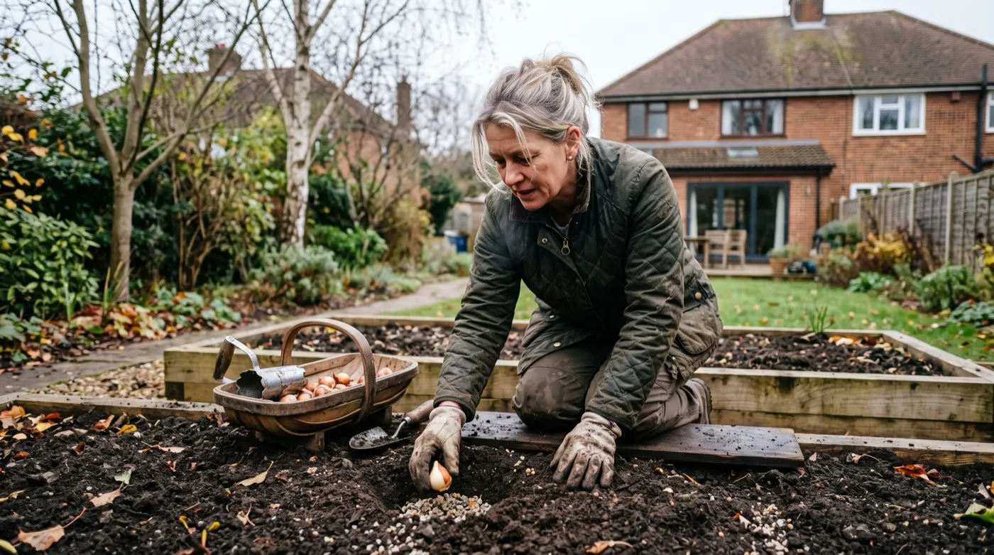 A woman planting tulip bulbs in a raised bed in a suburban garden in autumn, setting them 20cm deep in grit