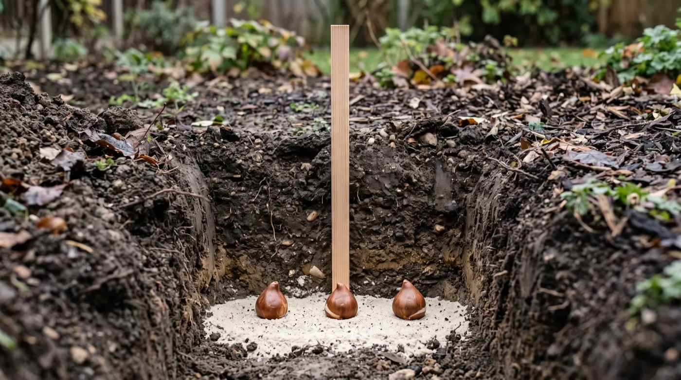 Cross-section of a planting trench showing tulip bulbs set at 20cm depth on a layer of grit in clay soil