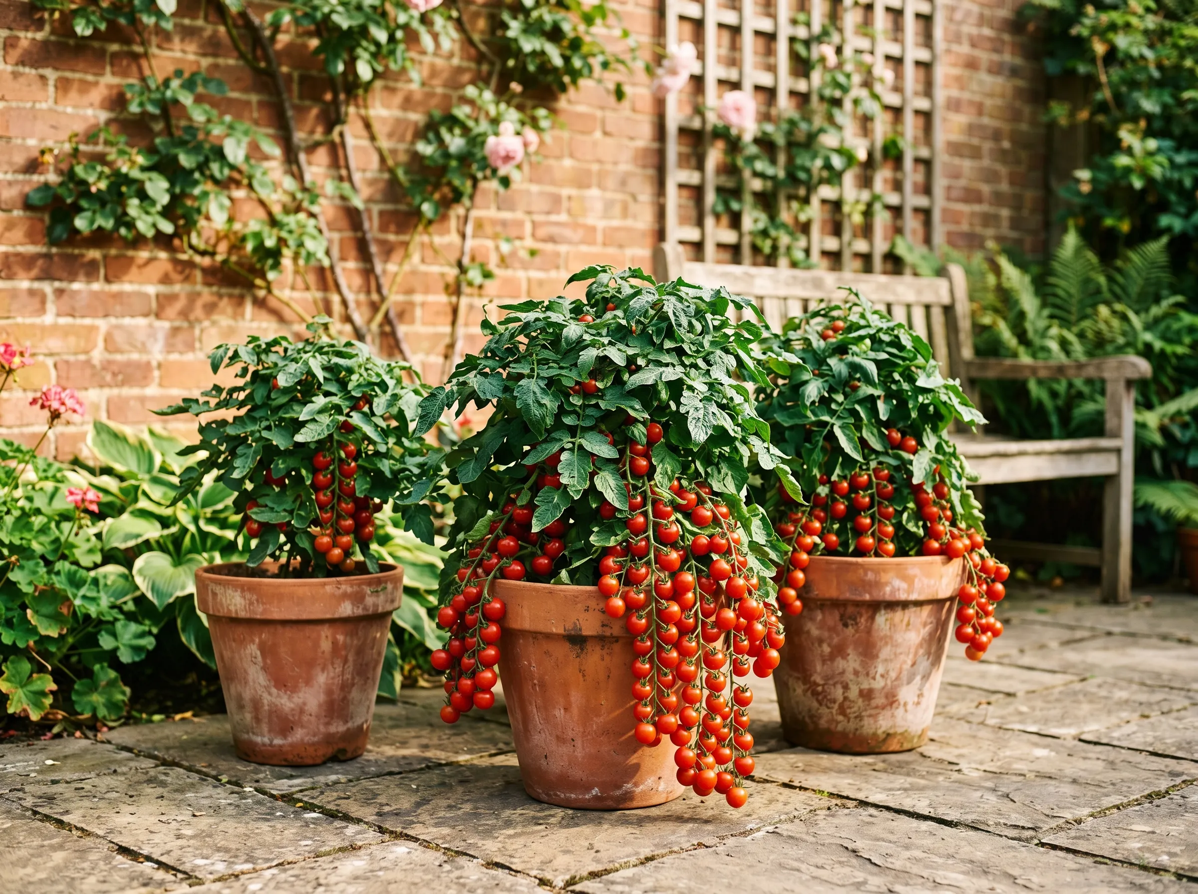UK patio with three terracotta pots of Tumbling Tom Red cherry tomatoes in full fruit, the trusses spilling over the pot rims with dozens of ripe red cherry tomatoes against a sunny brick wall