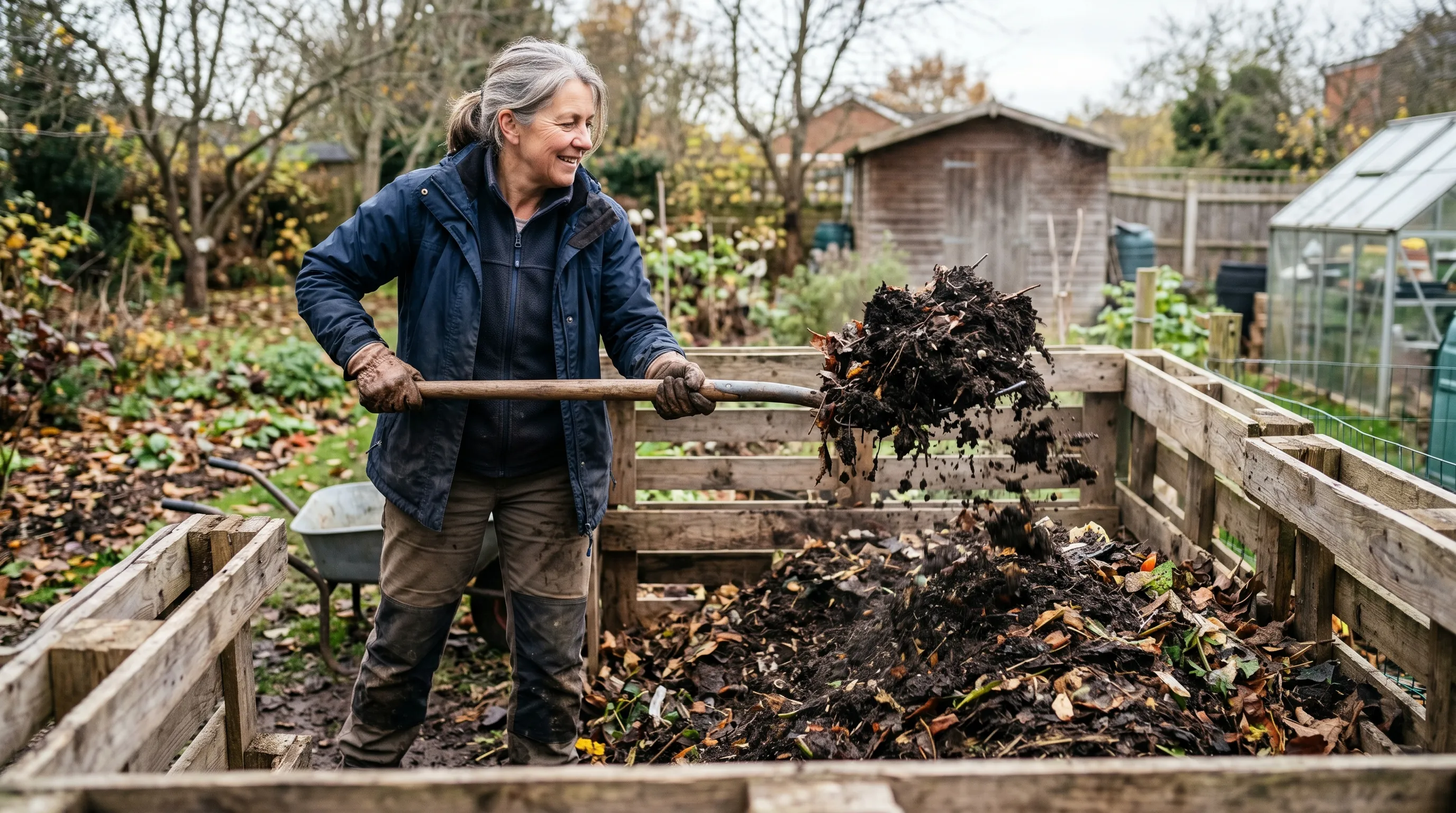 UK gardener turning a compost pile with a long-handled garden fork showing dark crumbly compost mid-air as the fork lifts a load from a pallet-walled bay