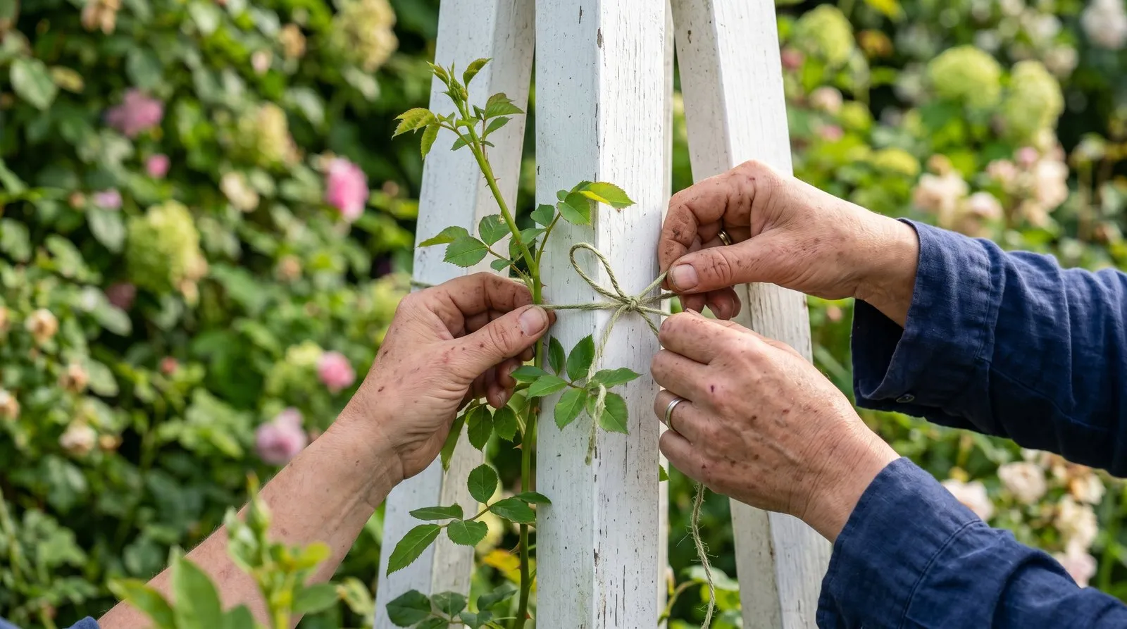 A close-up of a gardener's hands tying in a young climbing rose shoot to a timber obelisk with soft green twine