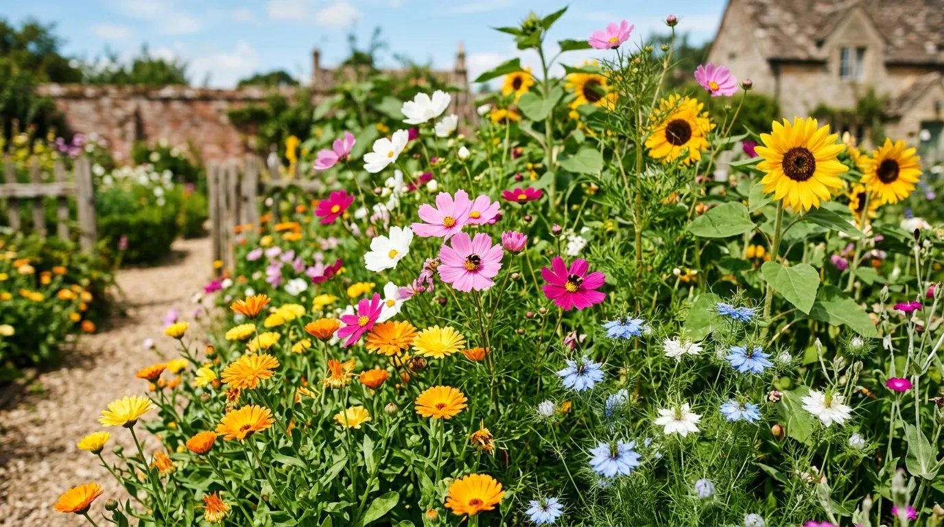Annual flowers including cosmos, calendula, sunflowers and nigella in a colourful UK garden border