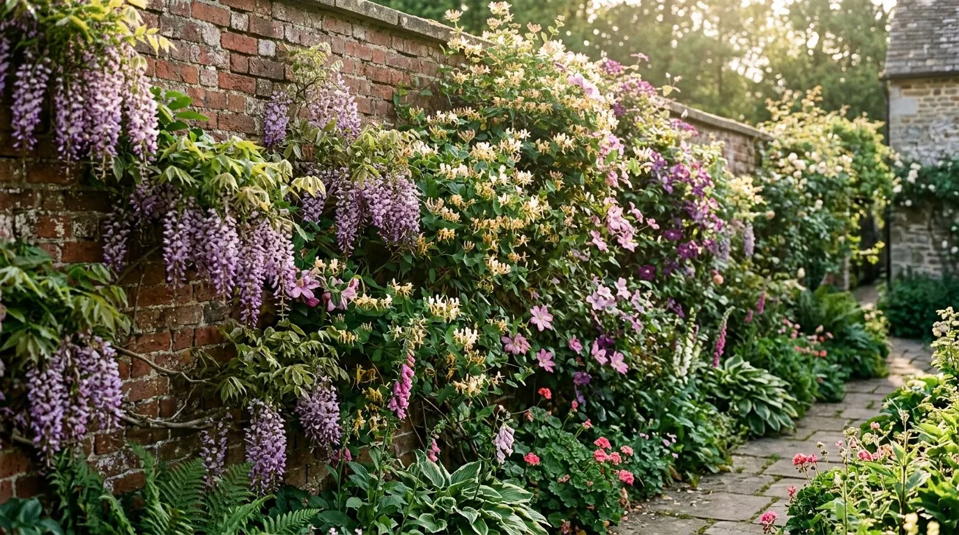 Climbing flowers including clematis, honeysuckle and wisteria on a traditional English brick garden wall