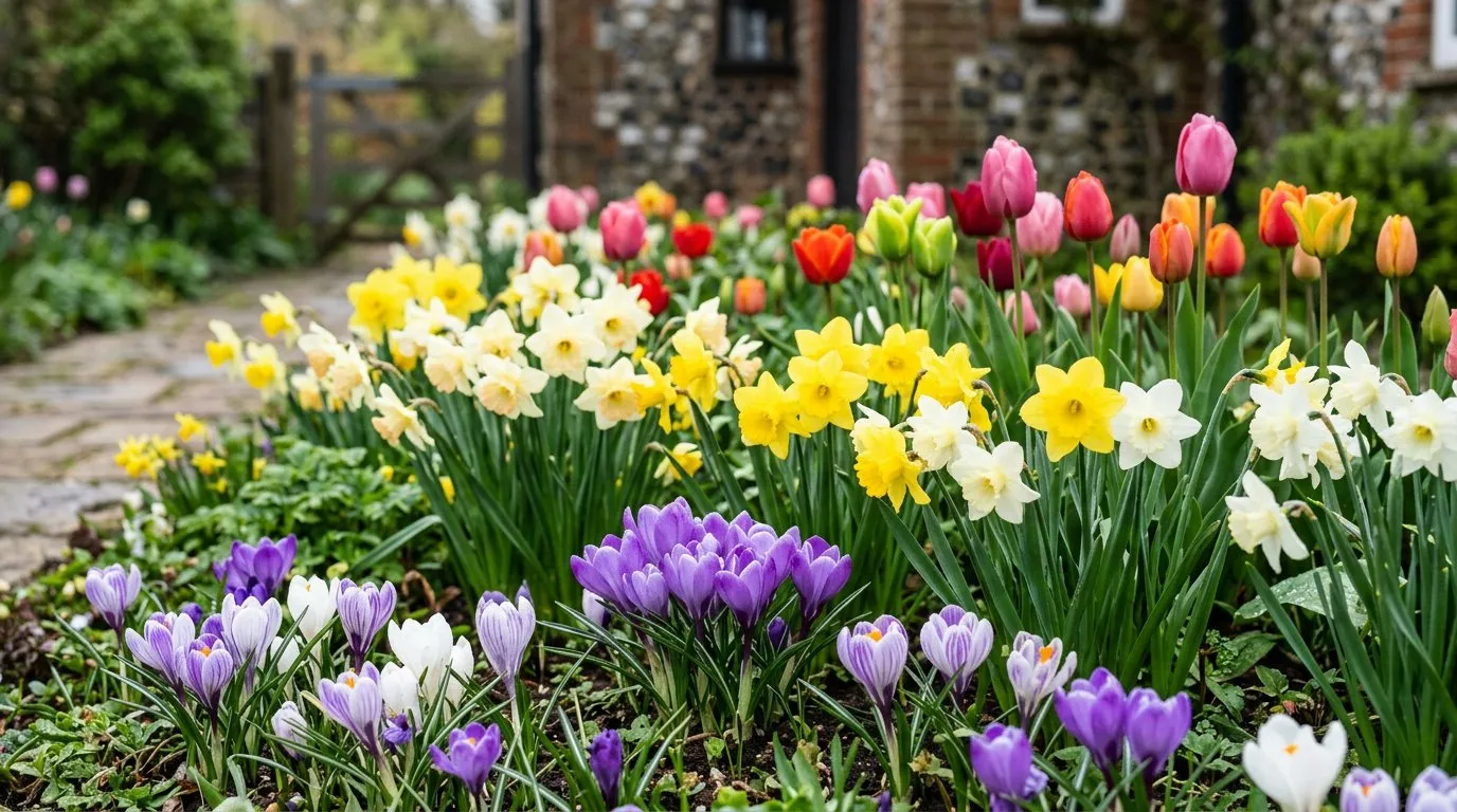 Spring flower bulbs including crocuses, daffodils and tulips flowering in layers in a UK front garden