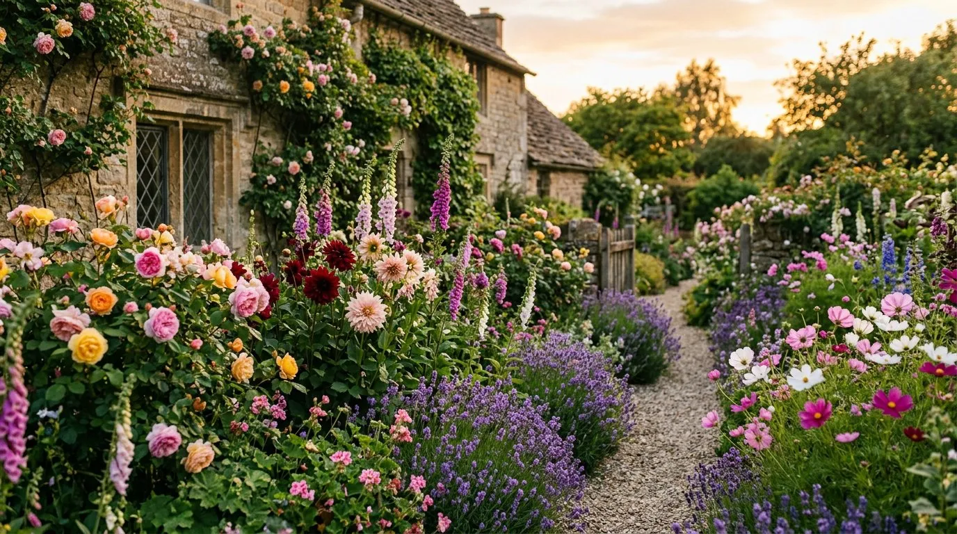 Mixed types of flowers in a UK cottage garden border with roses, dahlias, lavender and foxgloves