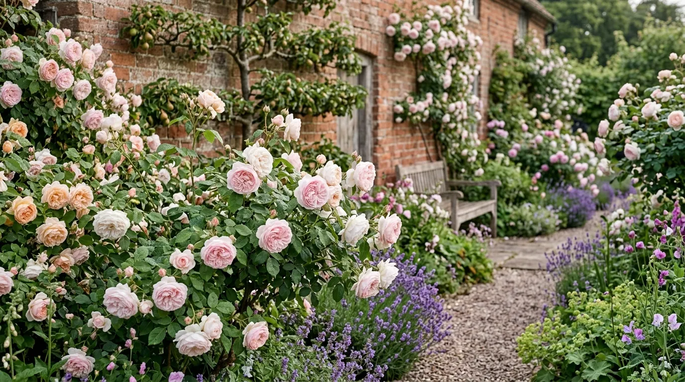 Types of roses UK David Austin English roses growing in a Shropshire-style cottage garden with mixed pastel colours