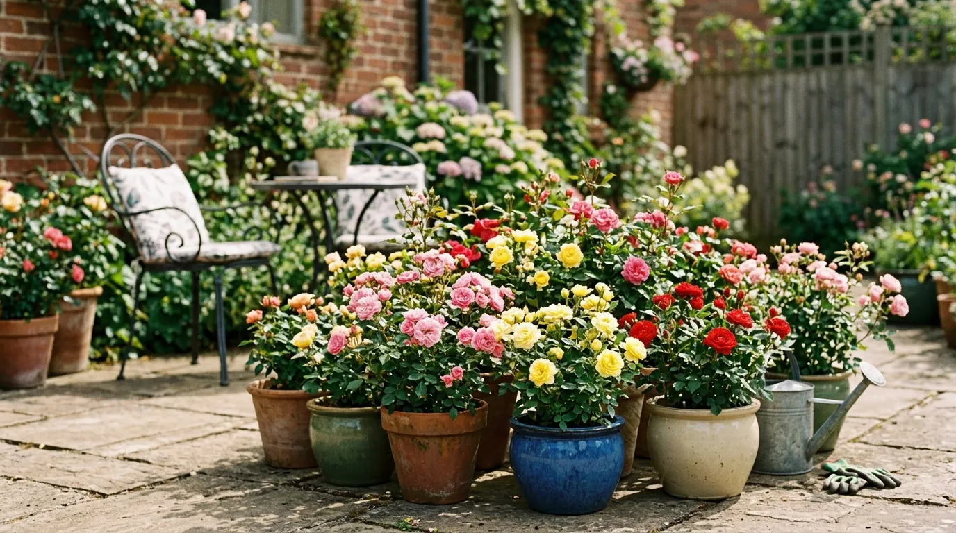 Types of roses UK patio and miniature roses growing in terracotta containers on a sunny stone patio