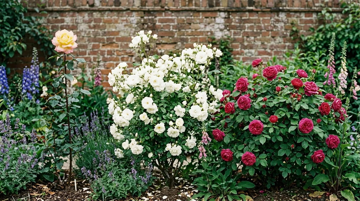 Types of roses UK comparison showing hybrid tea floribunda and shrub roses in an English garden border