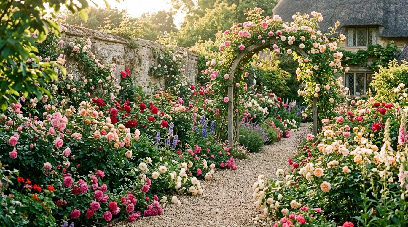 Types of roses UK growing in a mixed English cottage garden border with climbing and shrub varieties