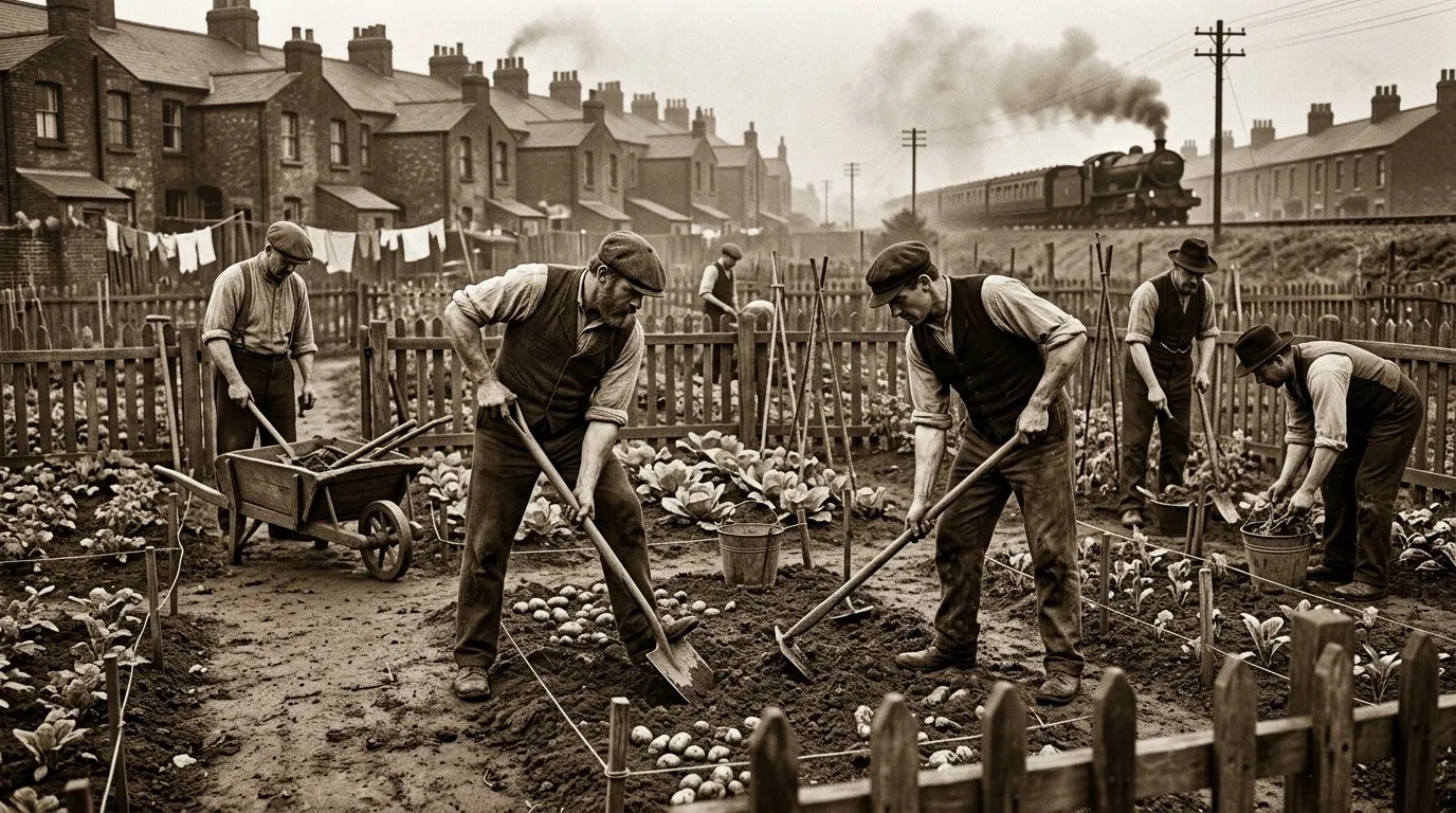 Edwardian-era 1908 allotment with men in flat caps and waistcoats working their plots
