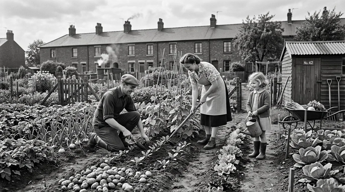 1950s style postwar British allotment with a family working a vegetable plot