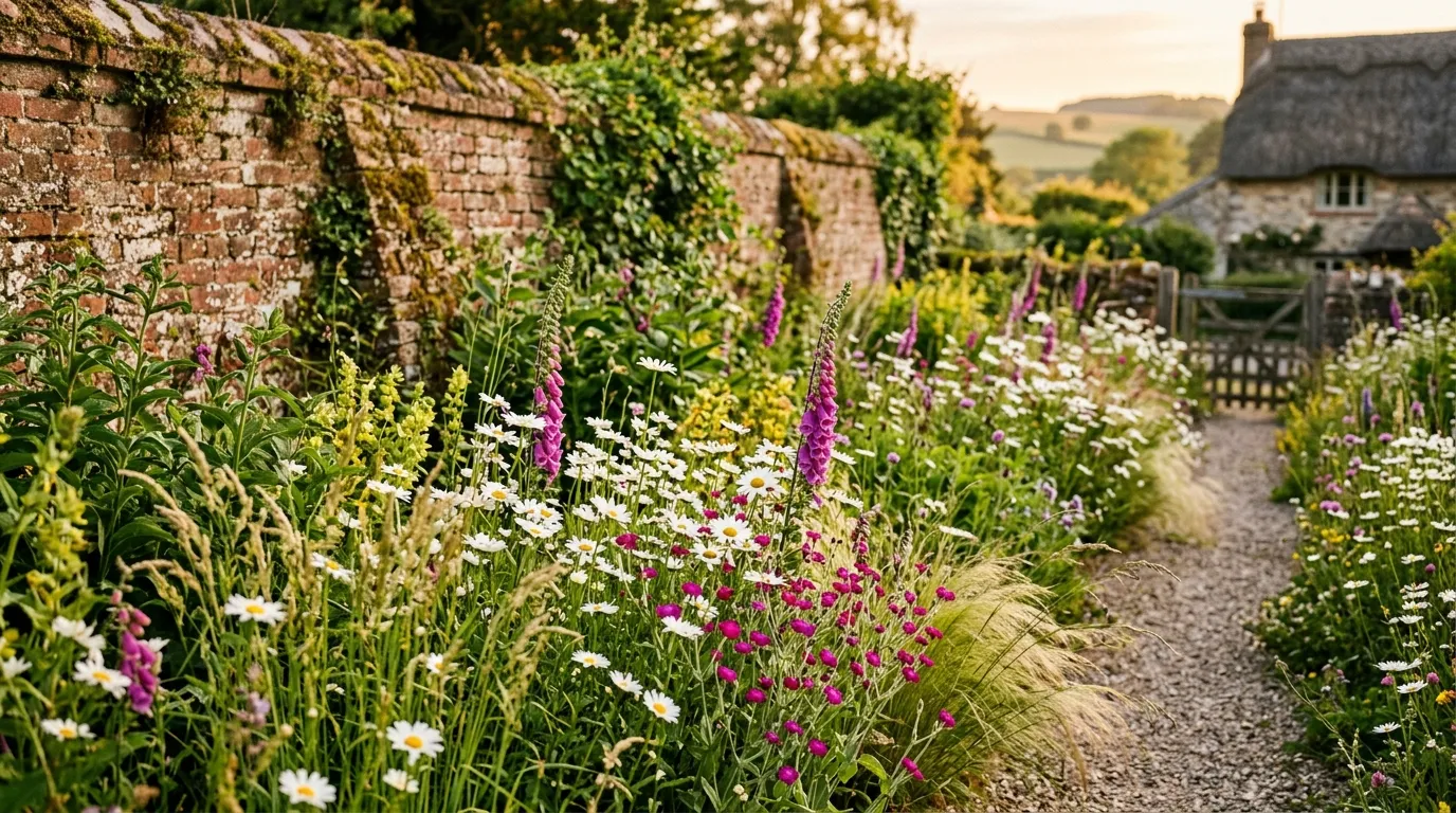 UK native plants growing in a wildlife garden border with foxgloves, hawthorn, and wildflowers in bloom
