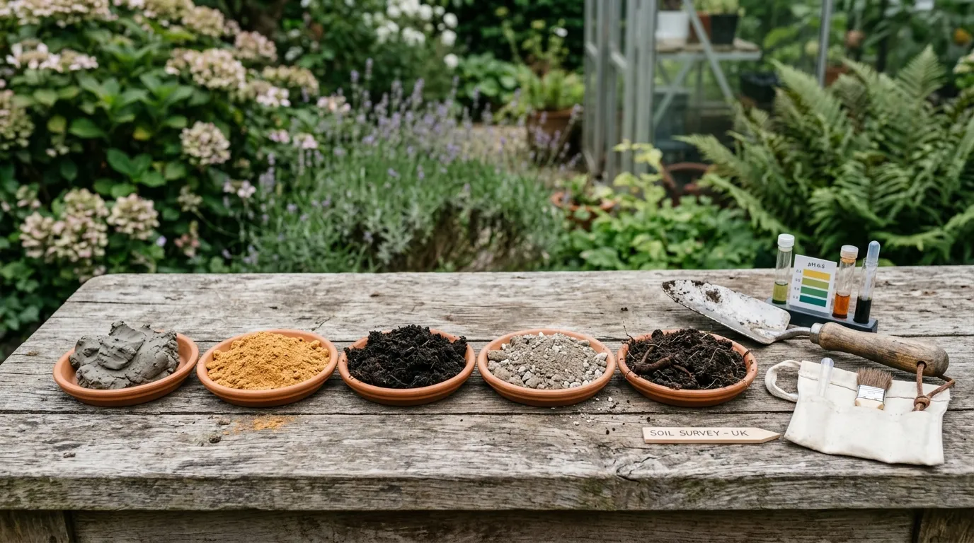 Different UK soil types laid out for comparison showing colour and texture differences