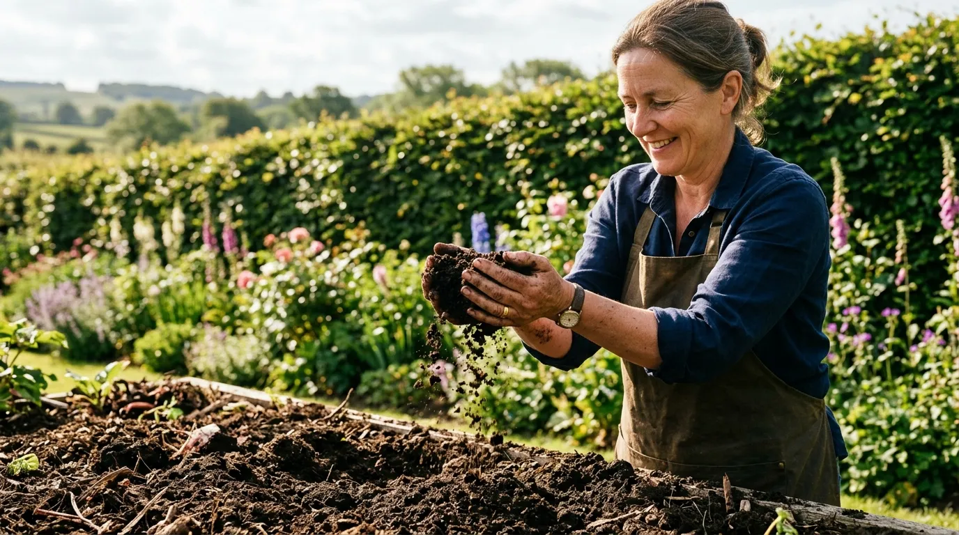 UK soil types comparison showing clay, sandy, loam, chalk, silt, and peat samples in a garden setting