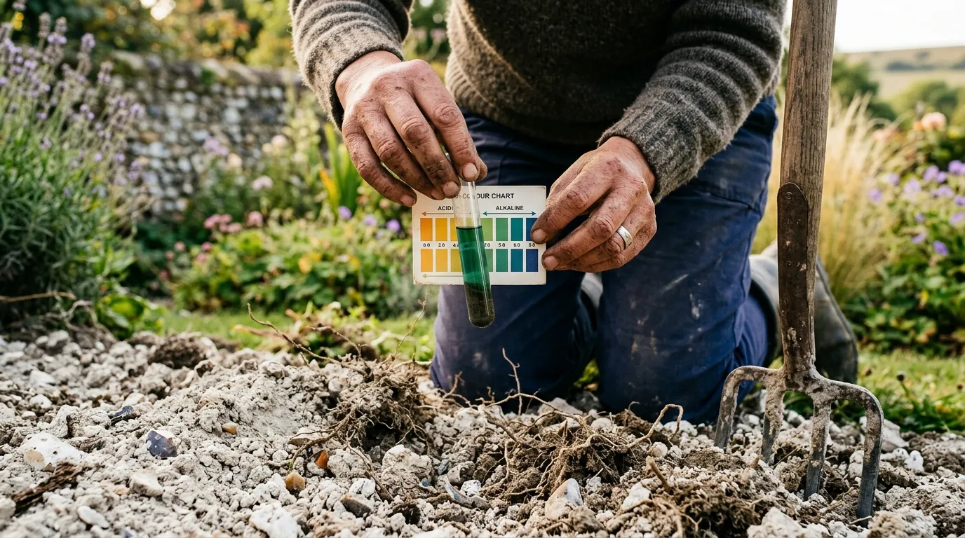 Gardener testing soil pH with a colour-change kit beside freshly dug chalk soil