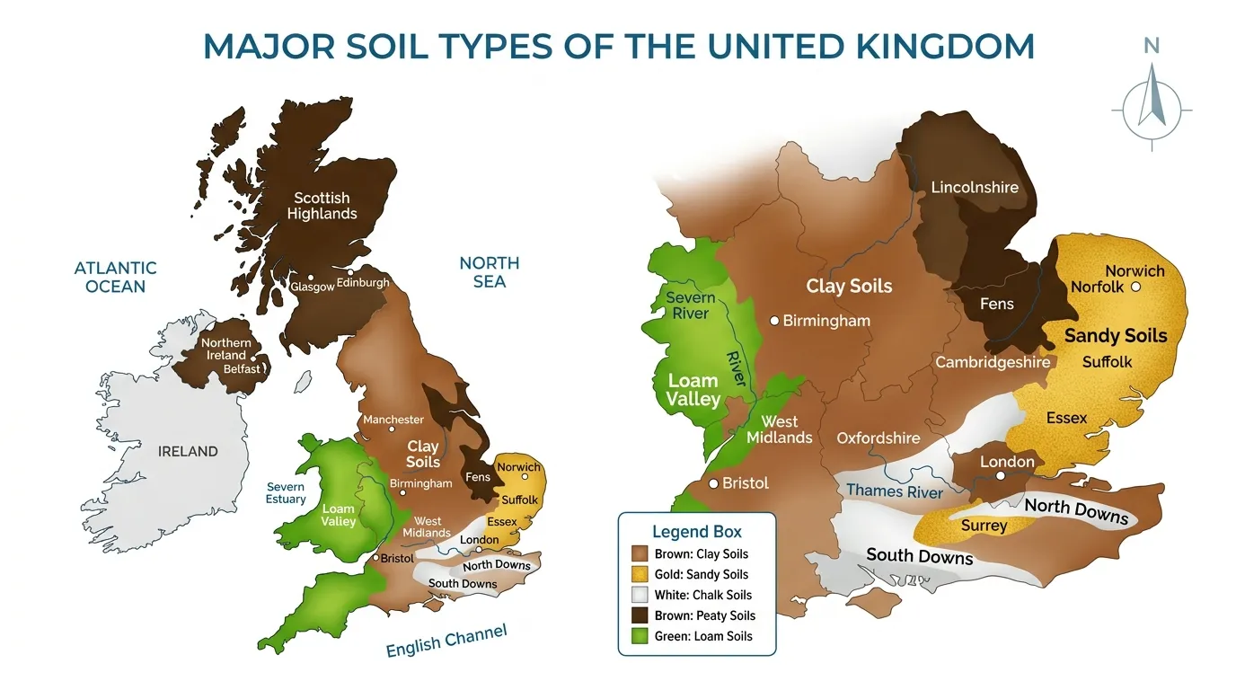 Regional UK soil type map showing clay in the Midlands, sand in Norfolk, chalk in the Downs