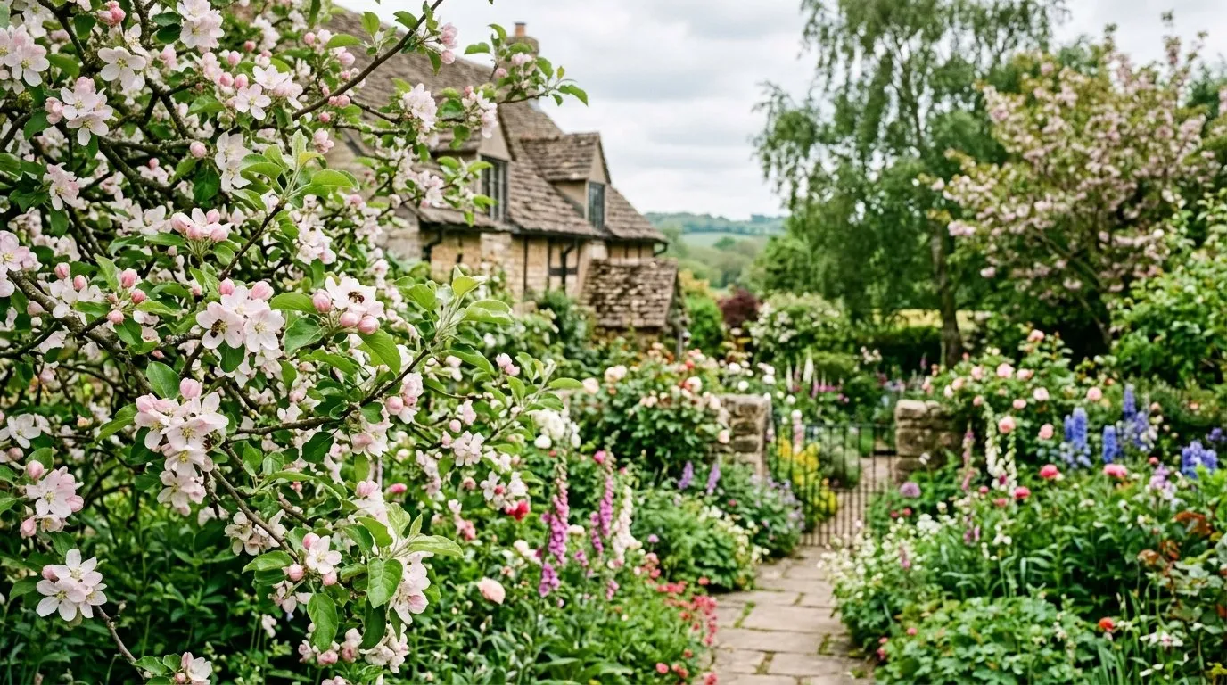 UK garden scene showing uk trees blossoming earlier phenology climate in seasonal context