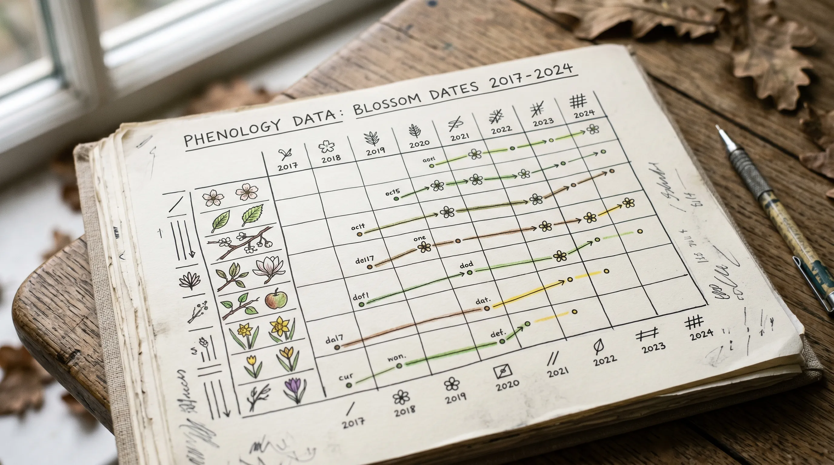 Long-term UK phenology data chart hand-drawn showing blossom dates 1970 to 2025 advancing trend over five decades