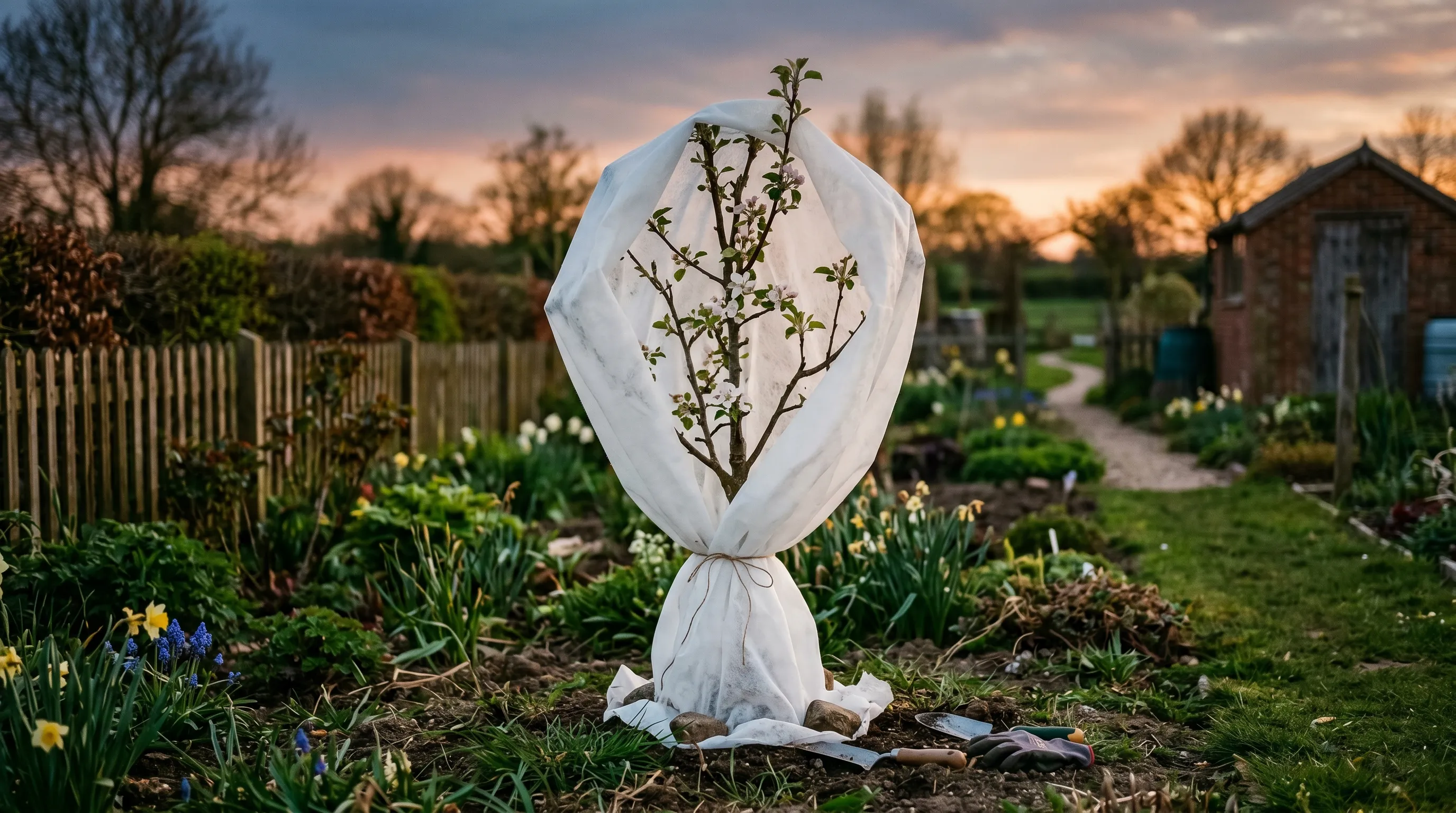 Horticultural fleece draped over small UK apple tree late evening before frost forecast night protection from spring frost
