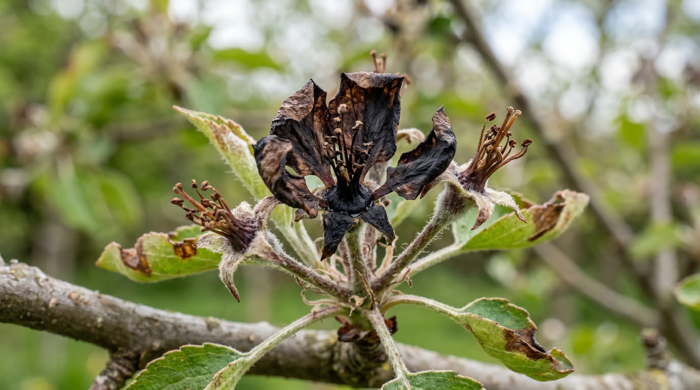 Frost damaged apple blossom UK orchard April after late spring frost event blackened flowers and ovaries