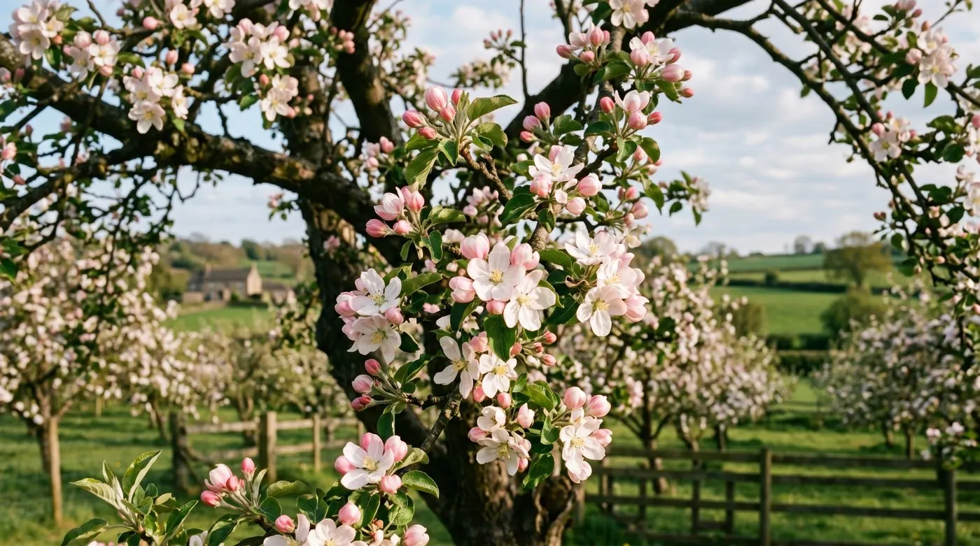 UK apple blossom in mid-March in a Staffordshire orchard four weeks earlier than the 1970s baseline showing climate-shifted phenology