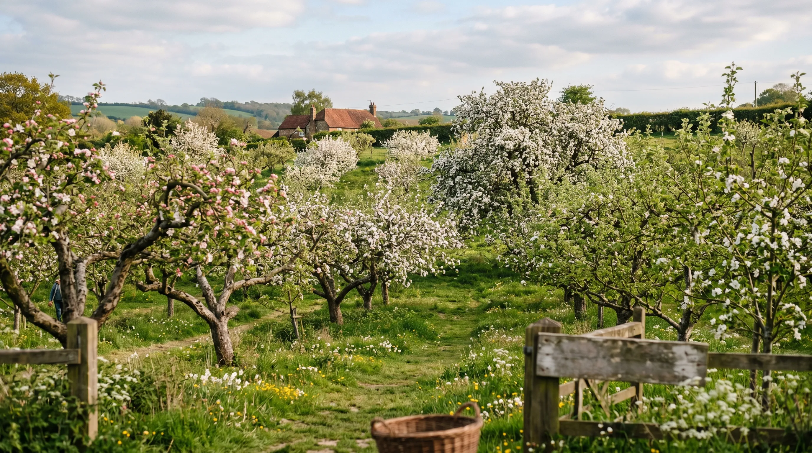 UK orchard with mixed varieties Bramley Discovery Worcester Pearmain at different blossom stages staggered protection insurance planting