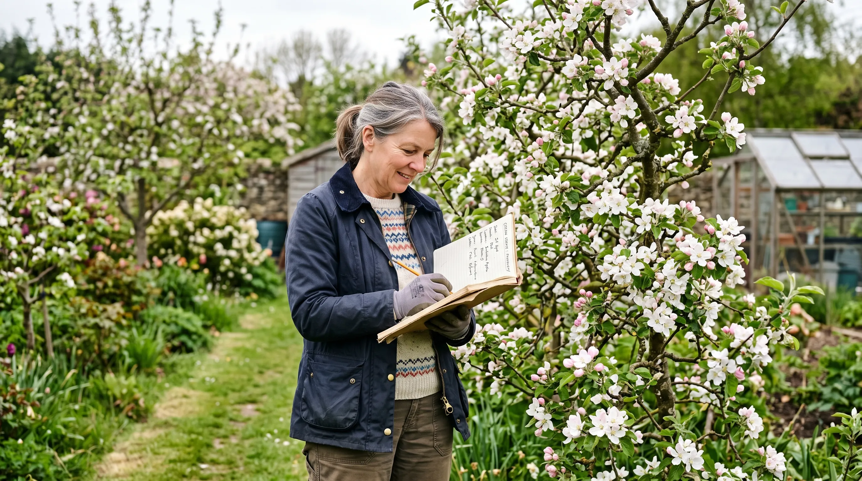 UK gardener recording blossom date in notebook beside flowering apple tree contributing to Nature Calendar phenology data