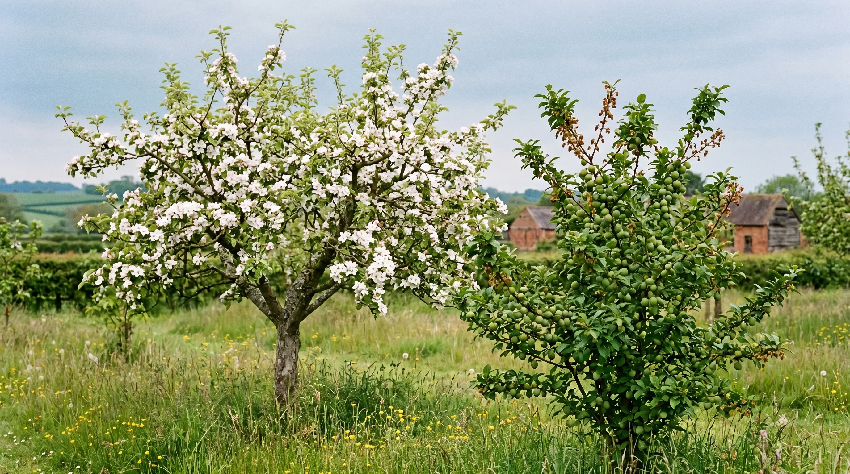 UK fruit tree variety comparison late-flowering Bramley apple in mid May beside early-flowering Opal plum that has finished blossom