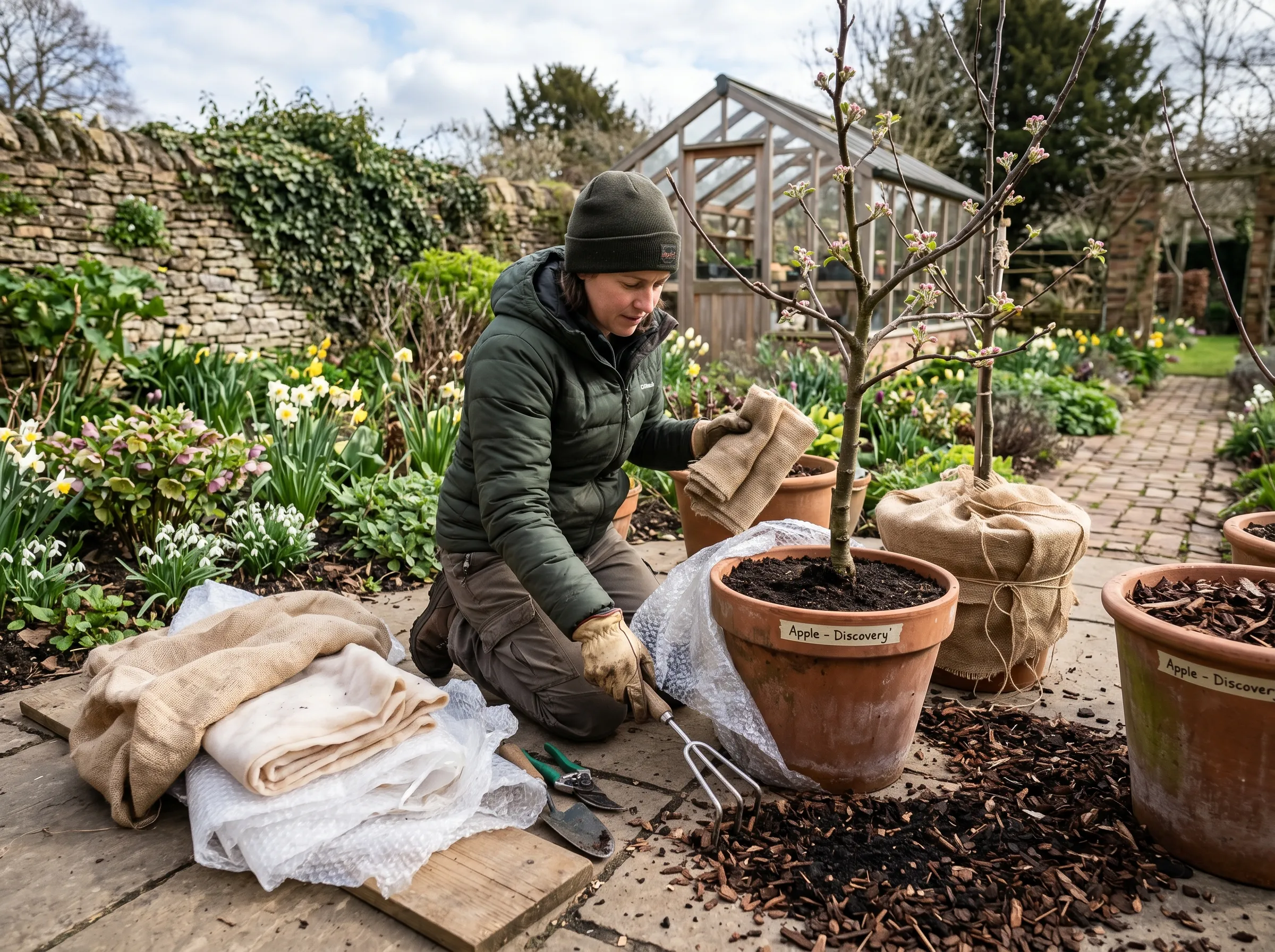 UK garden patio in March with a gardener un-wrapping fruit trees from hessian in spring, the bubble-wrap and fleece being removed and folded, mature pot fruit trees showing first bud break, mulch being raked back from compost surface