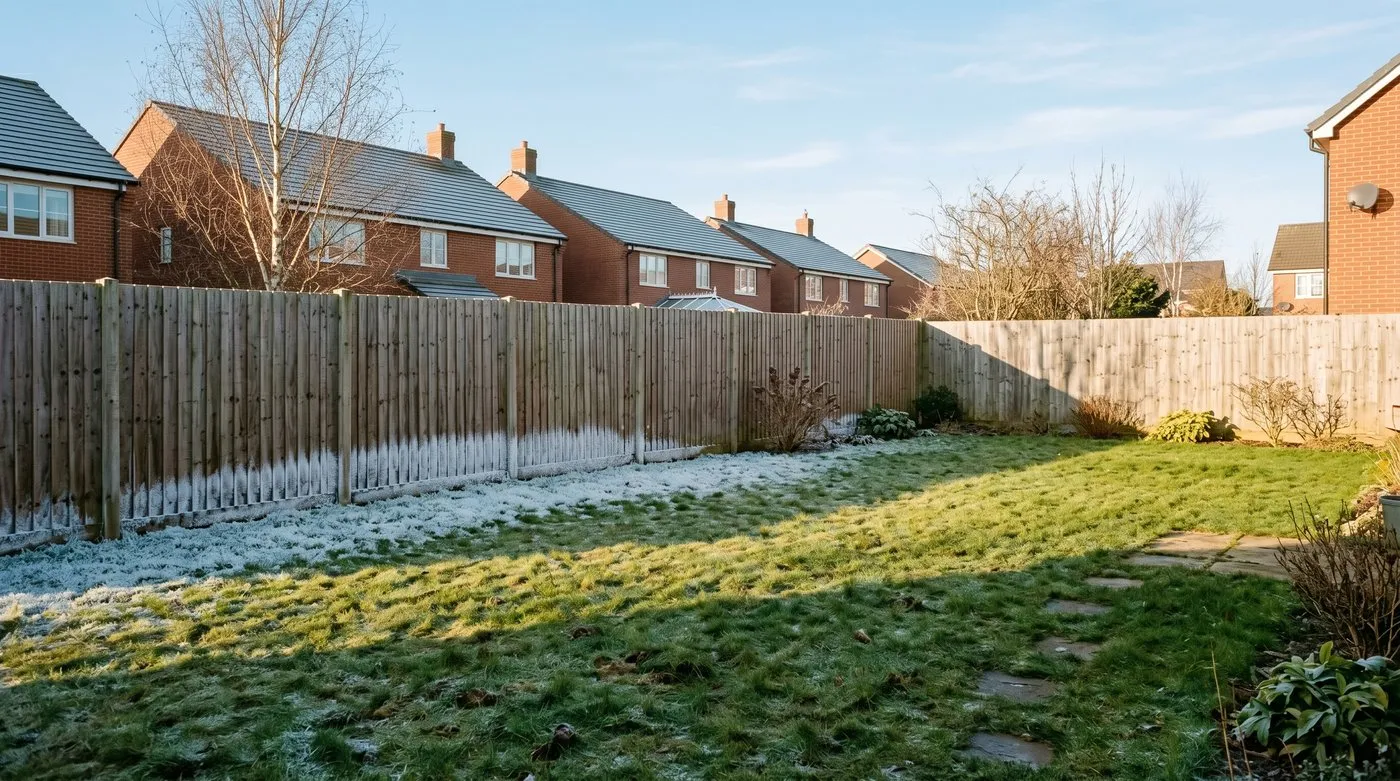 Morning frost lingering in a white stripe along a wooden fence while the rest of the new-build lawn has thawed