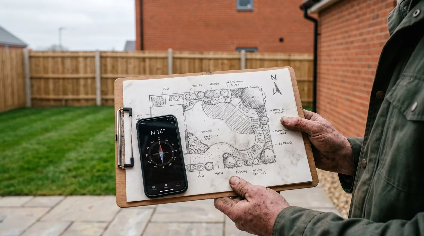 Gardener marking compass directions and sun positions on a hand-drawn plan of a new-build UK garden