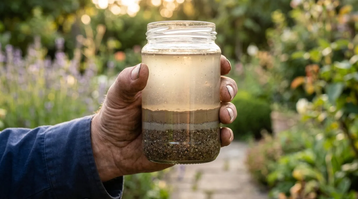 Jam jar of settled garden soil showing distinct sand, silt and clay layers held up to the light