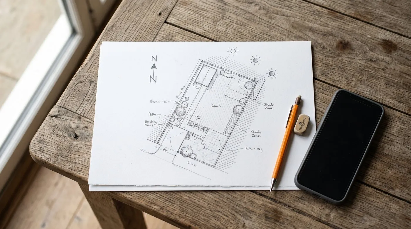 Hand-drawn garden audit map with compass arrow, sun positions and shade zones marked in pencil