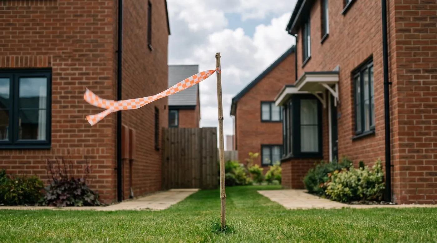 Ribbon tied to a bamboo cane streaming horizontally in the wind gap between two new-build houses