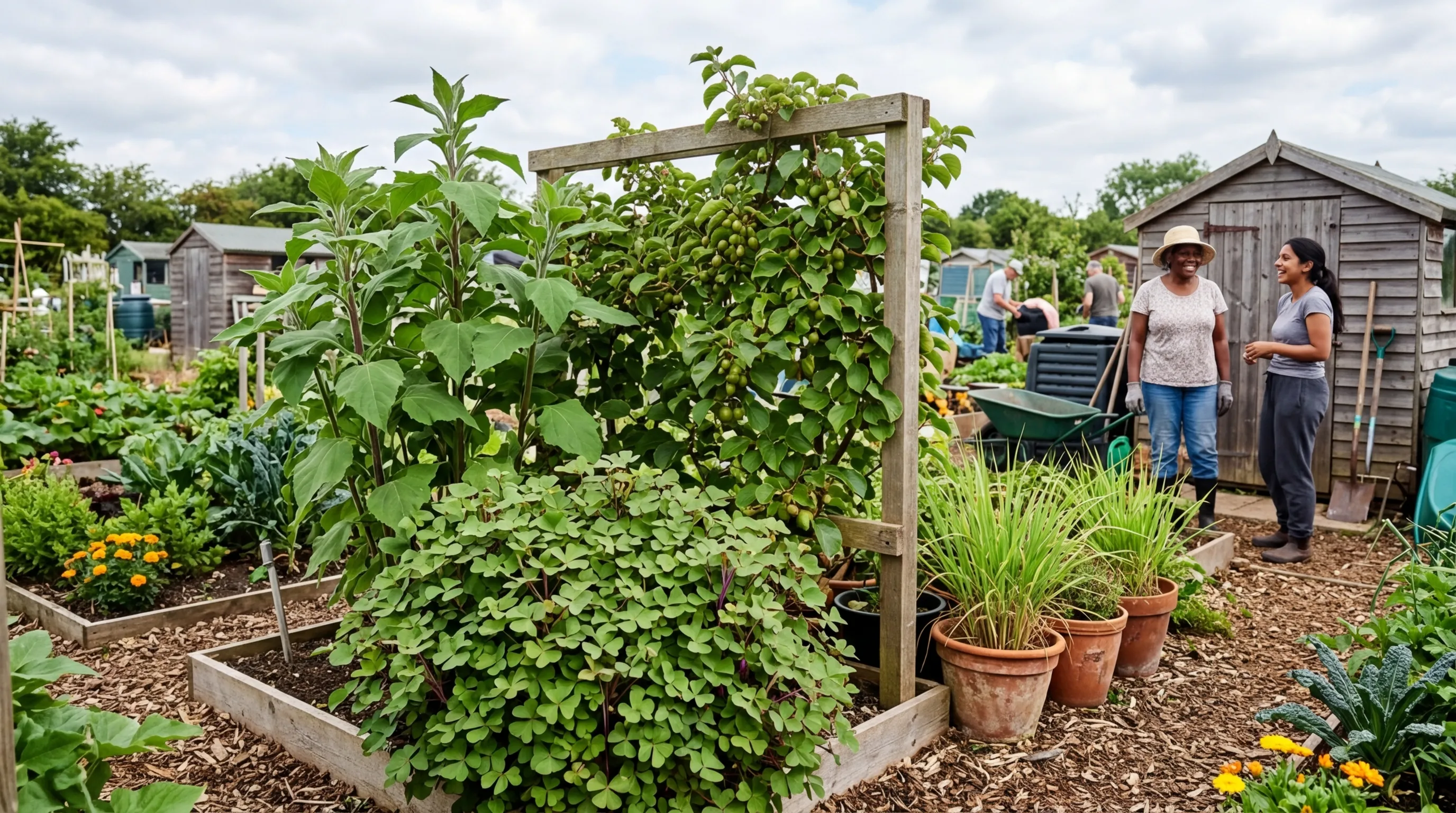 Unusual crops growing on a UK allotment including oca, yacon, kiwi berries on a frame, and lemongrass in pots