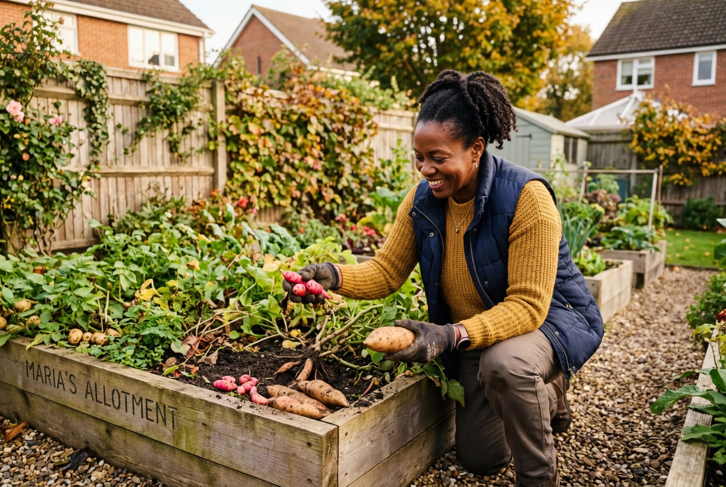 Unusual crops harvest of oca tubers and yacon roots from a raised bed in a UK suburban garden