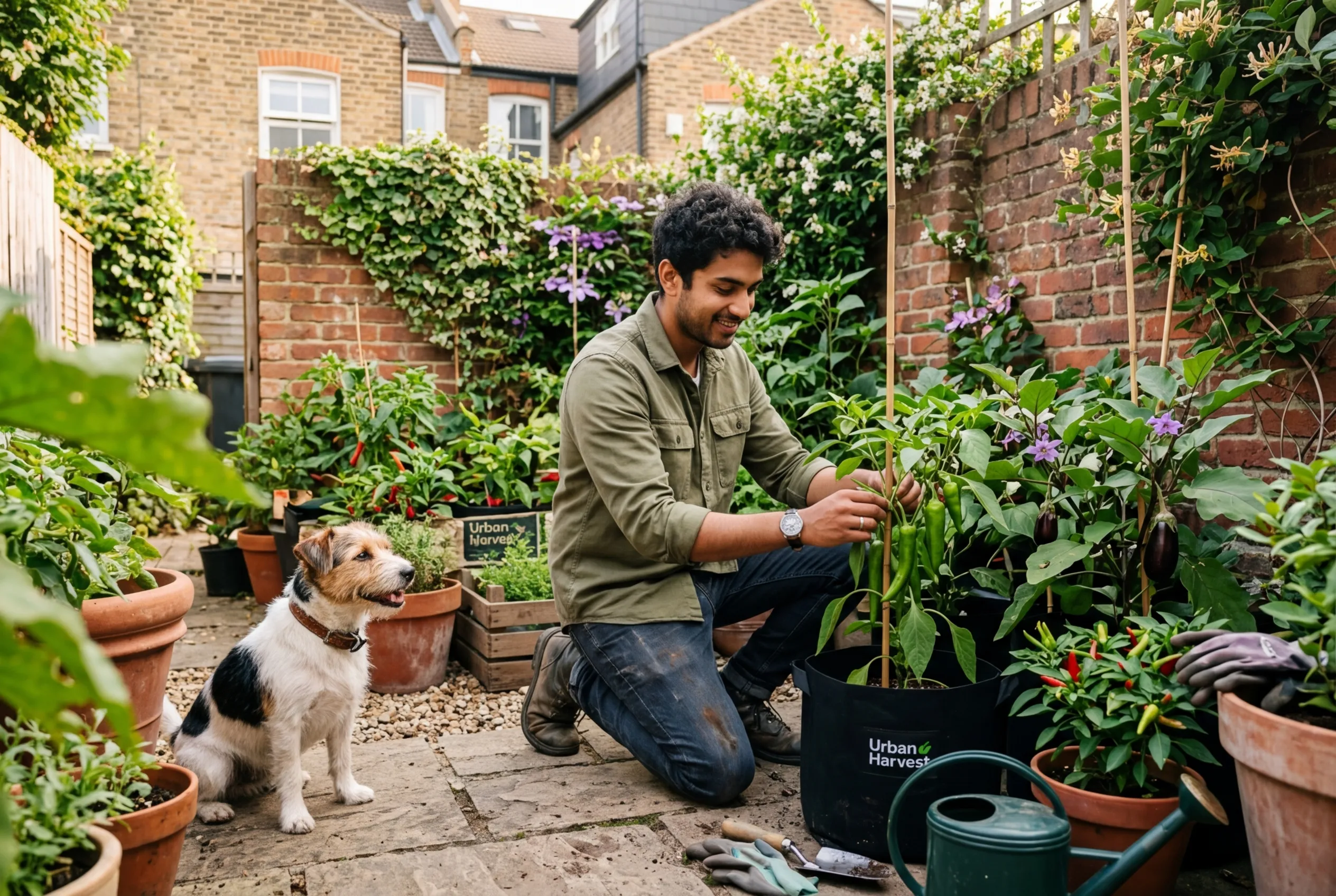 Unusual crops growing in an urban courtyard garden with chillies, aubergines, and containers