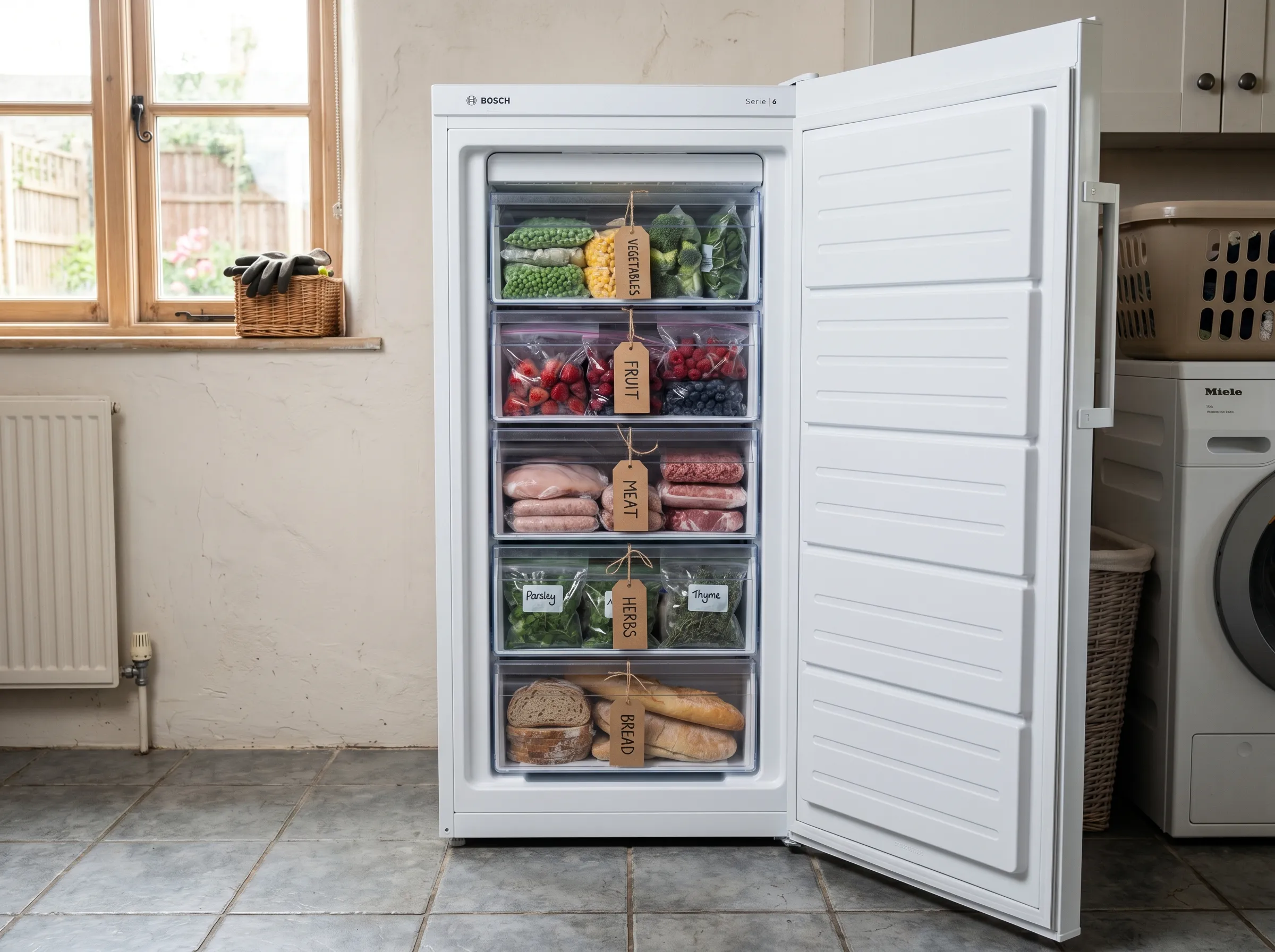 UK utility room scene showing an upright Bosch freezer with the door open revealing organised drawers labelled vegetables, fruit, meat and herbs with frozen produce neatly stacked
